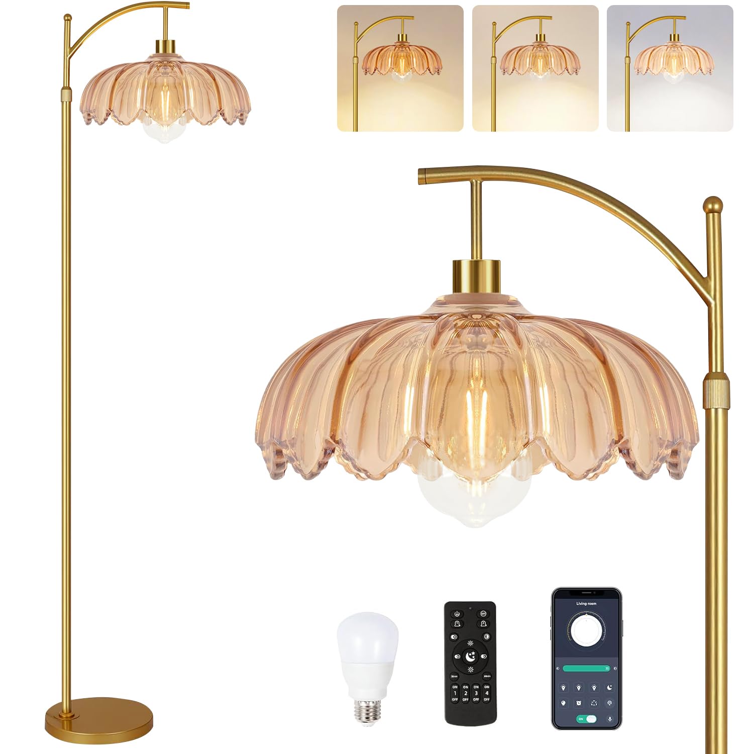 Qiyizm Floor Lamp For Living Room,Bedroom,Gold Dimmable Standing Lamp With Remote,Mid Century Modern Brass Tall Lamp Retro Vinta