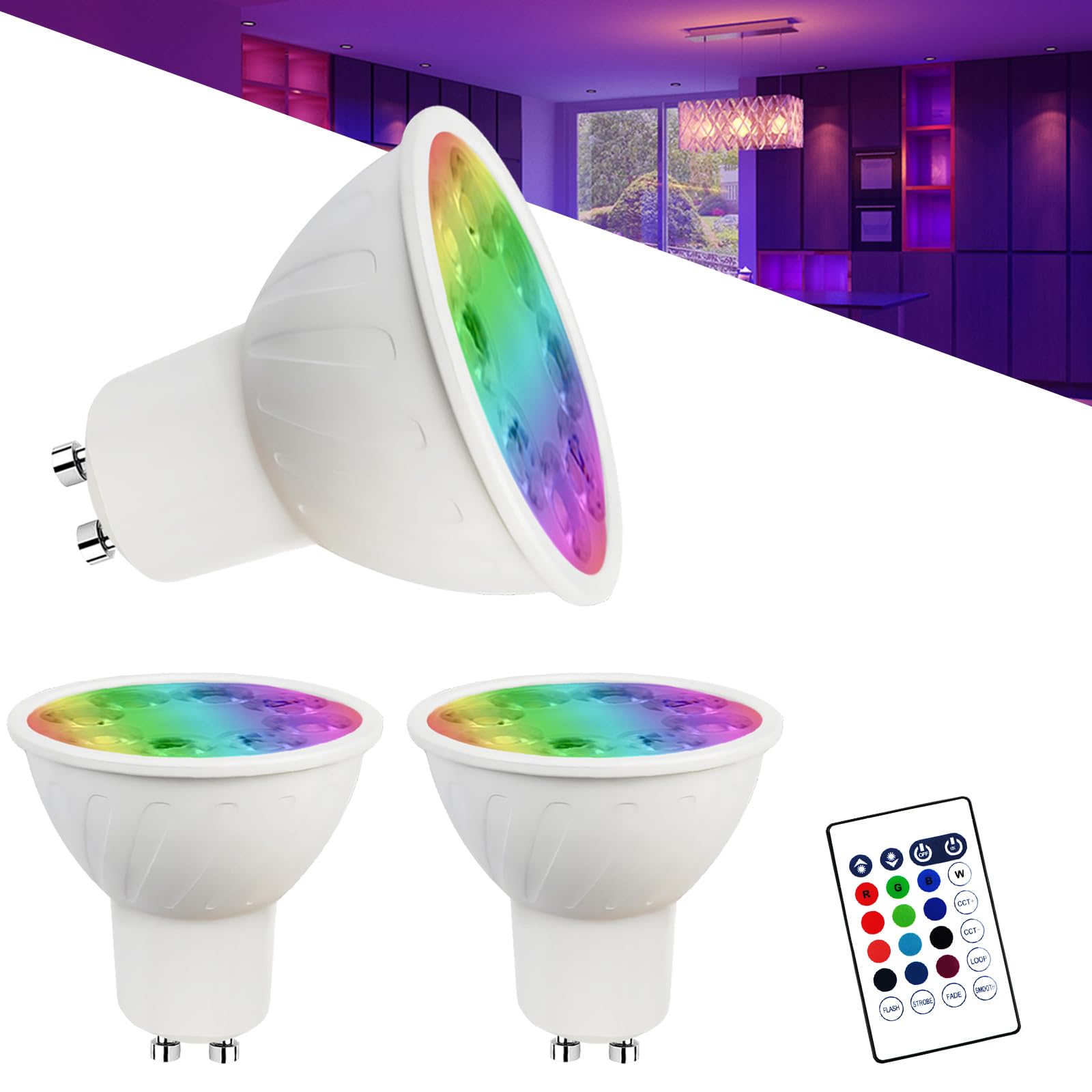 Noobibaba GU10 LED Bulbs 5W, RGB + Adjustable White 2700K-6000K, Aluminum, 3-Pack, Remote Control