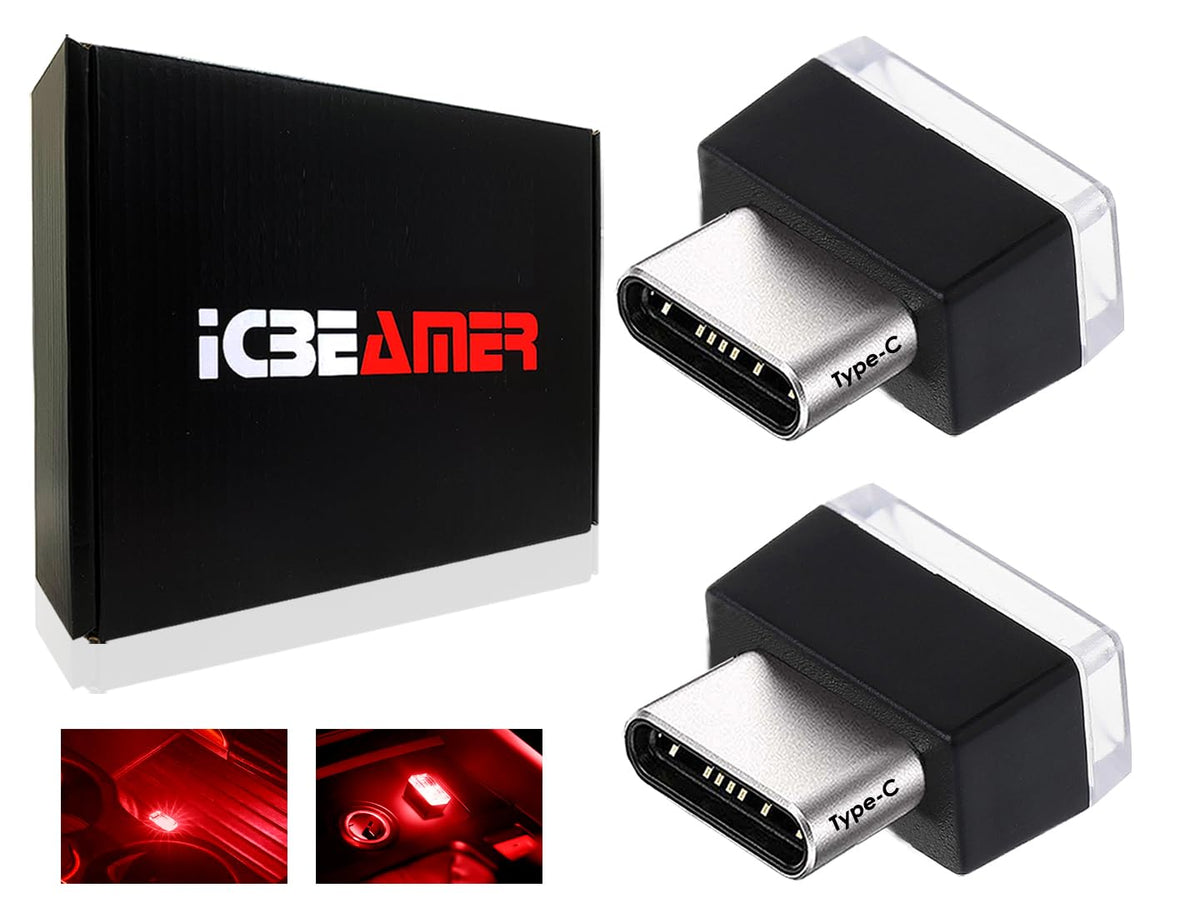 Icbeamer Type C Adapters Atmosphere Light - 2-Pack (Red) | Universal Plug-In Miniature Night Light | Led Usb For Car Interior An