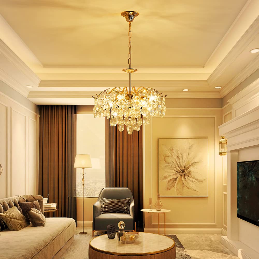 SM Saint Mossi 5-Light Gold Crystal Chandelier, Modern Pendant Light, D20 x H17, Adjustable 59" Chains, Alloy Steel, Shiny Copper Finish