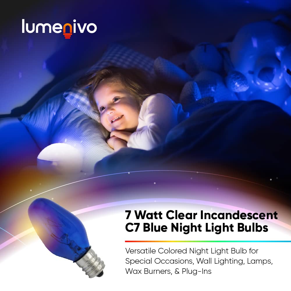 Lumenivo 7 Watt Blue Incandescent C7 Colored Night Light Bulbs 7W C7 Blue Christmas Village Light Bulbs Candelabra Base Blue Bul