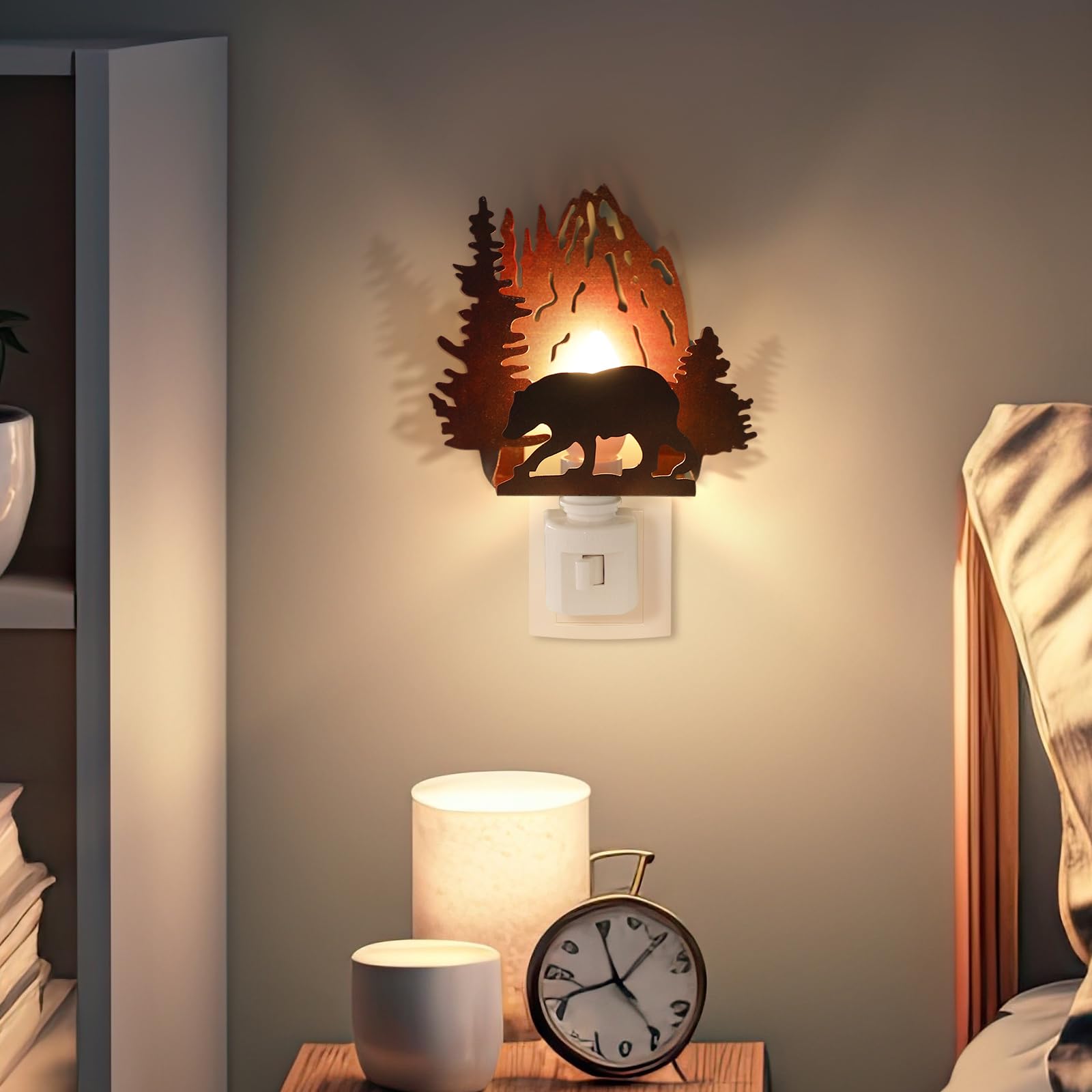 Tuanse Metal Plug-in Night Light, Bear Design, LED Lamp for Bedroom & Living Room, Red Brown, Model ER-Tuanse-1753