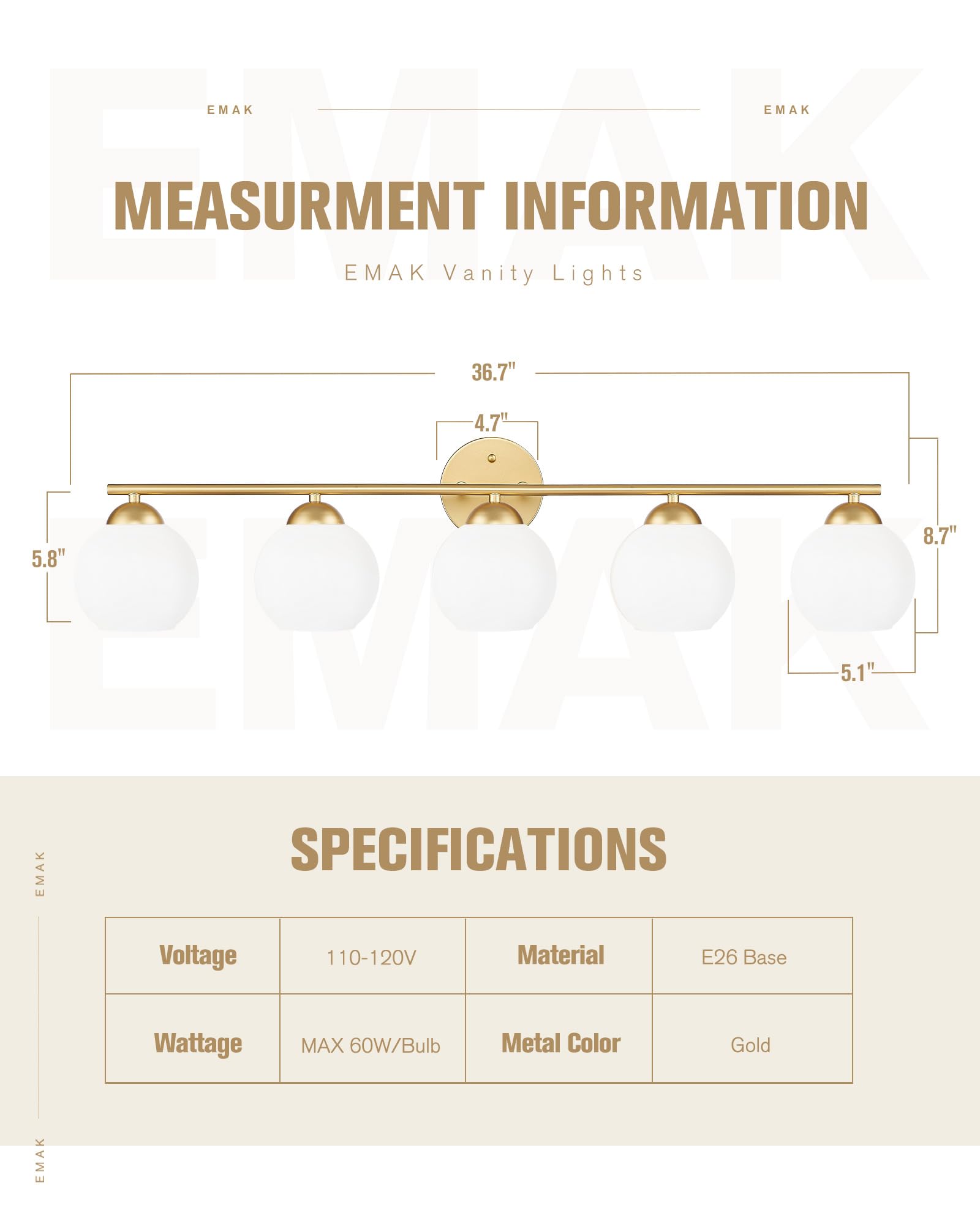 Emak 37 Inch Globe Bathroom Lighting Fixtures Over Mirror  Gold Vanity Lights With Milk Glass Shade  Modern 5-Light Bathroom Vanity Light For Mirror  Vl114-Gd-Ml-5