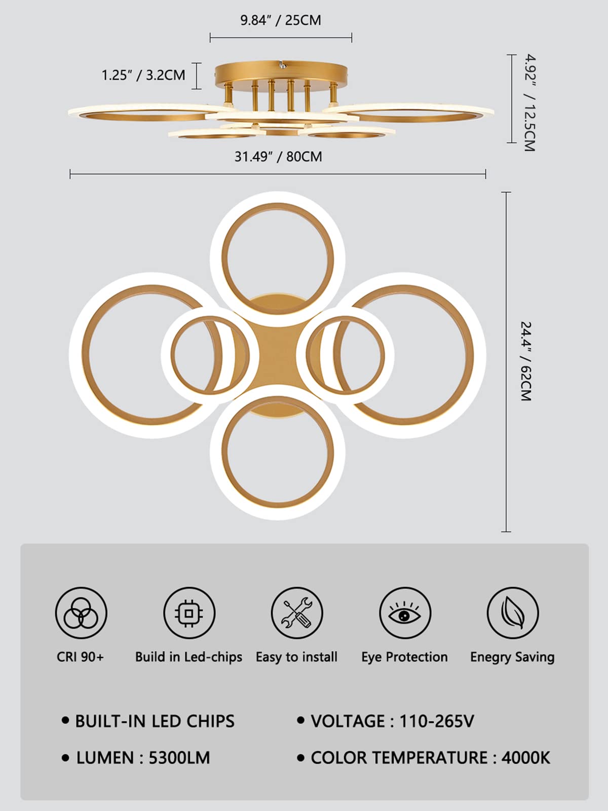 Teminbu Modern Led Ceiling Light, Gold 6 Rings Flush Mount Ceiling Light, 4000K Lighting Fixture Ceiling Lamp For Kitchen, Bedroom, Living Room, Laundry Room