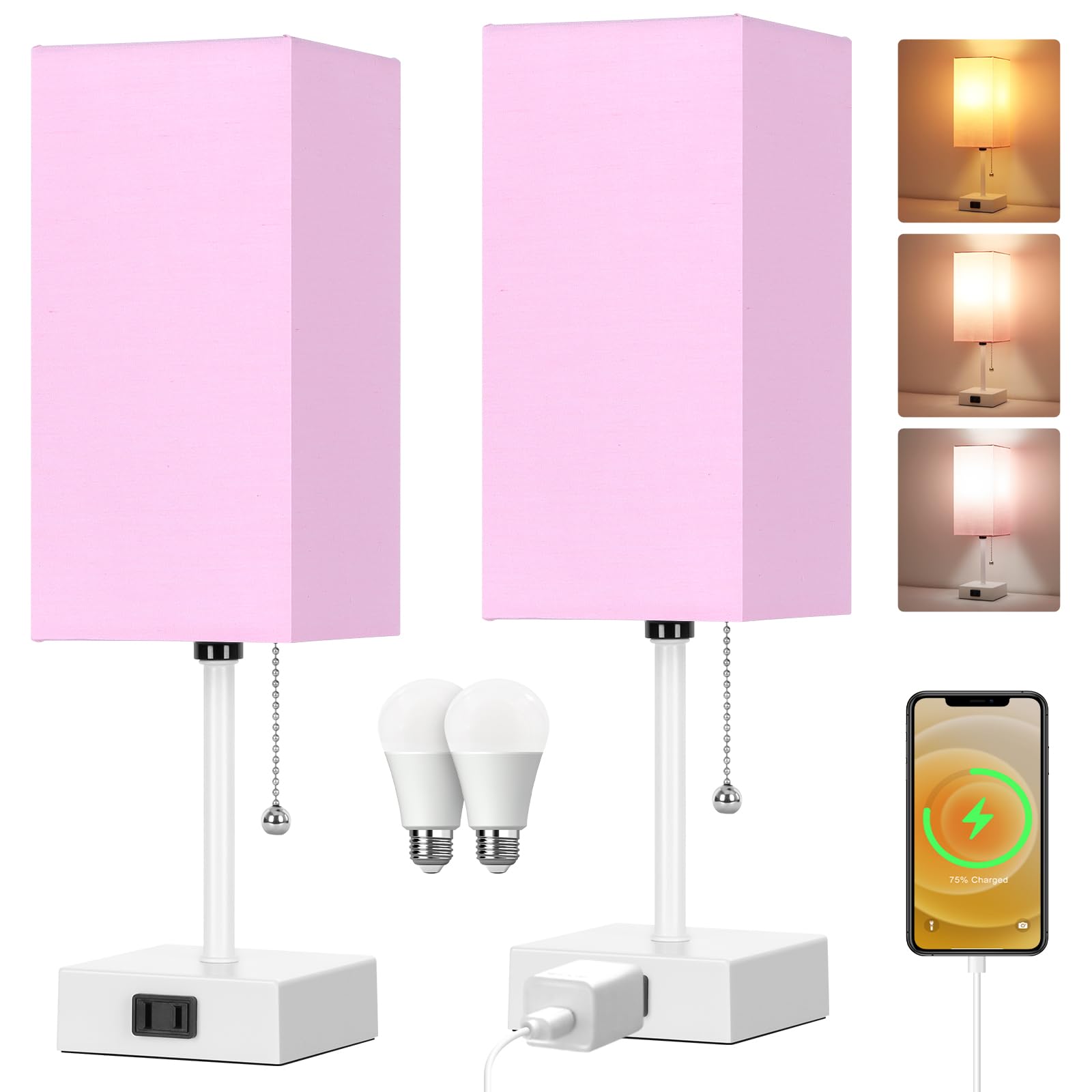 Table Lamp for Bedroom set of 2,3-Color Bedside Lamps with Pull Chain Table Lamps for Nightstand with AC Outlets,Small Night Lig