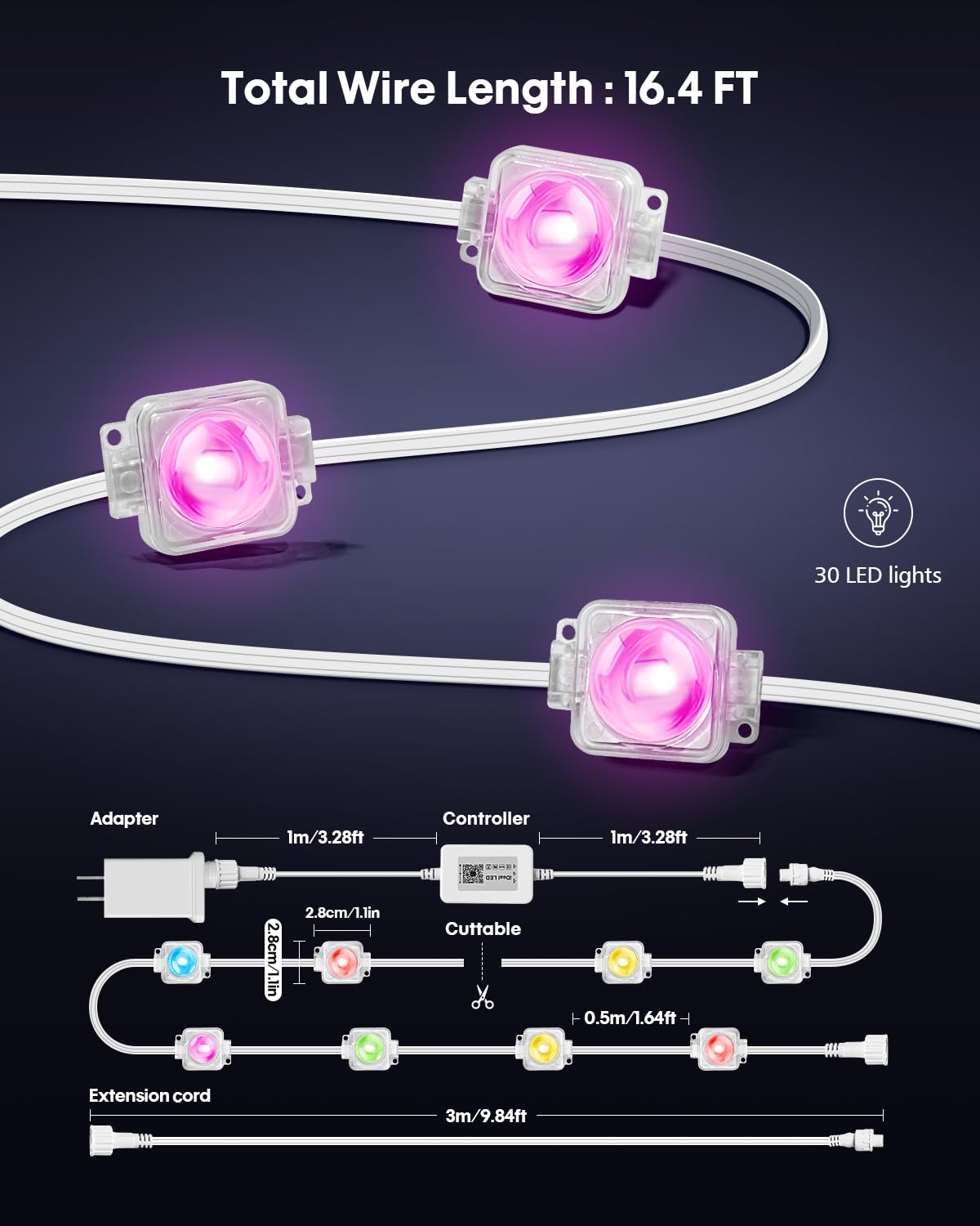 PIYOOPDR Smart RGB-IC Eave Lights, 50FT, 30LED, Waterproof, 4000K White & Multicolor, Model JG-001W-10