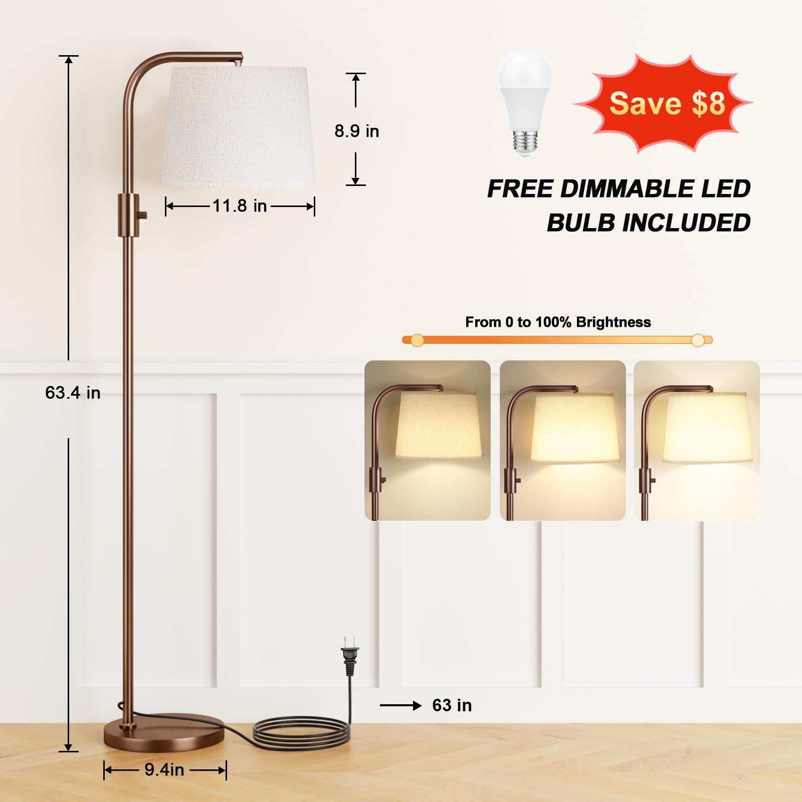 Ambimall Floor Lamp - Fully Dimmable 9W LED, 63.4in Tall, Iron, Brown and Light Beige