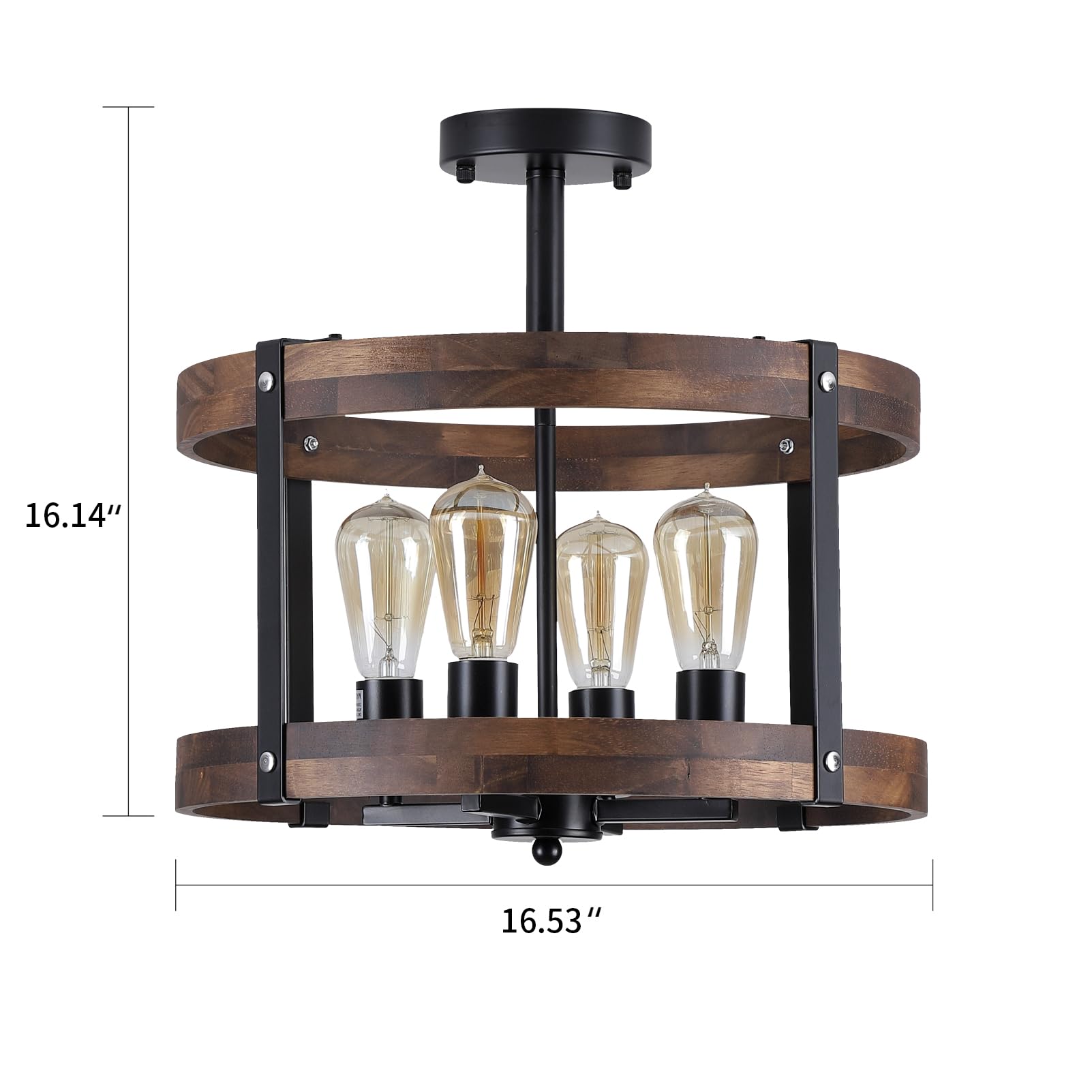 4-Light Large Rustic Farmhouse Flush Mount Ceiling Light Fixture 16.5 Inch Oak Wood Round Drum Semi Flush Mount Ceiling Light Fo
