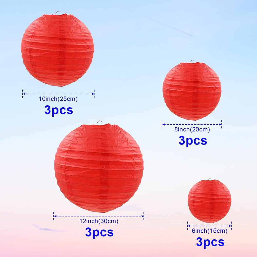 Famolay Red Paper Lanterns 12 Pcs Assorted Size Of 6'' 8'' 10'' 12'' Chinese Round Paper Hanging Decorations Ball Lanterns Lamps