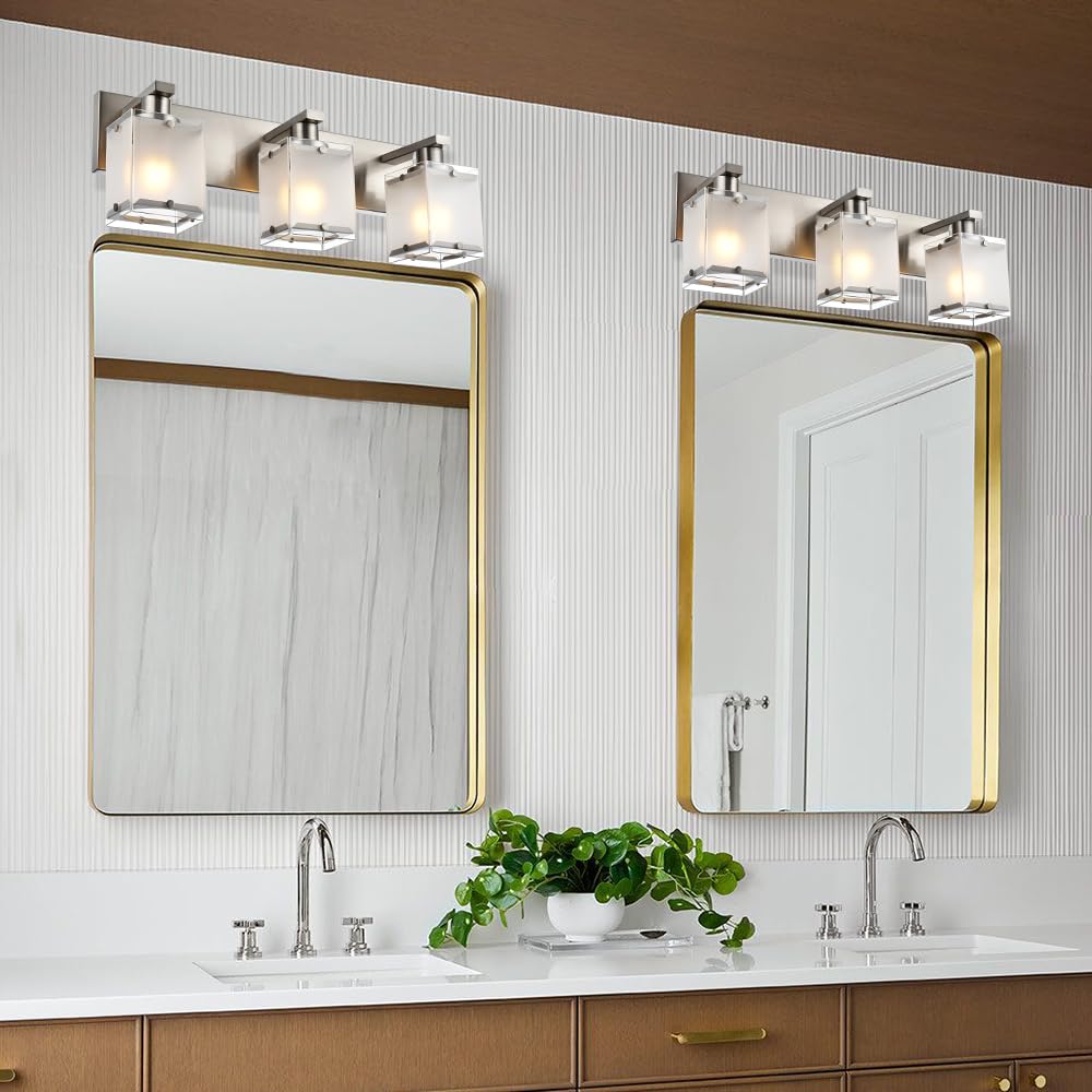 WINSHEN Modern 3-Lights Brushed Nickel Vanity Light Fixture with Frosted Glass Shades, Metal, Model 3WSN-XOTFZO