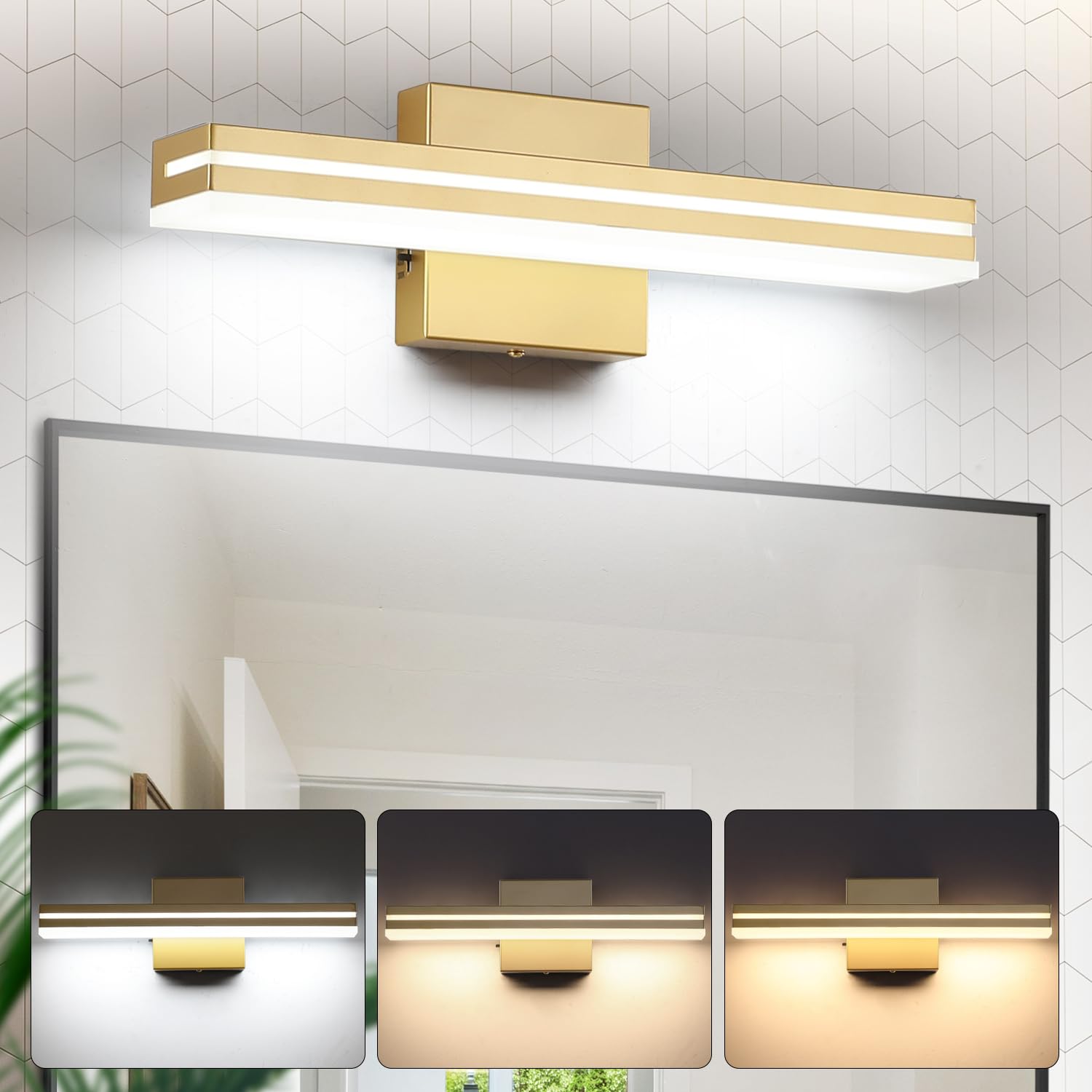 Sinerise Led Modern Bathroom Vanity Light Fixtures (16-Inch, 3000K/4000K/6000K, Dimmable), Gold Modern Acrylic Bathroom Wall Lig
