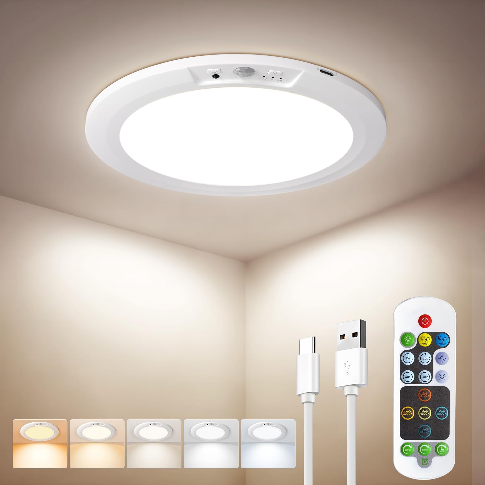 Battery Operated Ceiling Light Rechargeable Motion Sensor Shower Light With Remote, 5 Color Temperature Magnetic Wireless Ceilin