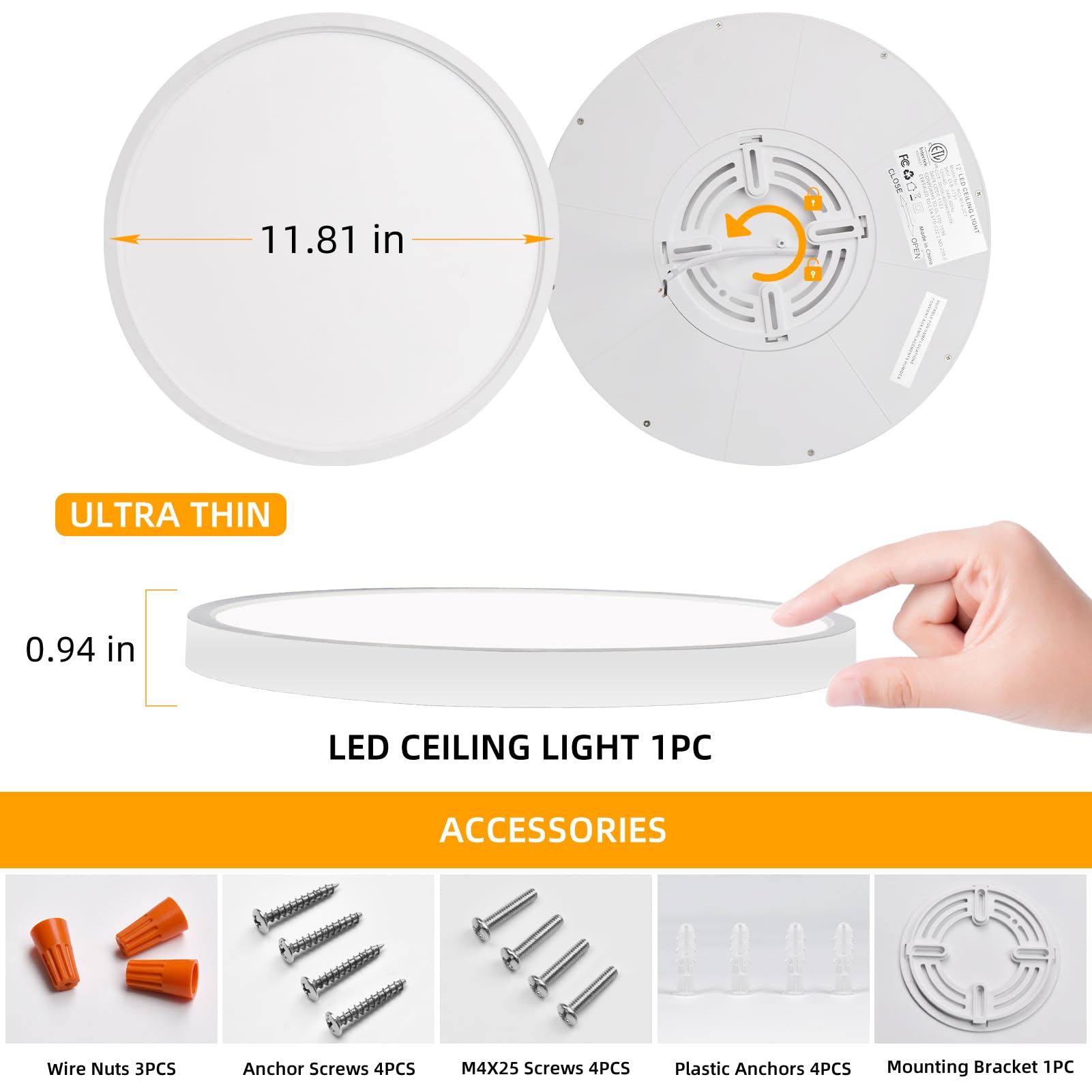 Hlite LED Ceiling Light Fixture, 12 Inch, 24W, 2400LM, 3CCT Selectable, Super Slim, White, Model RCLR13-3CT