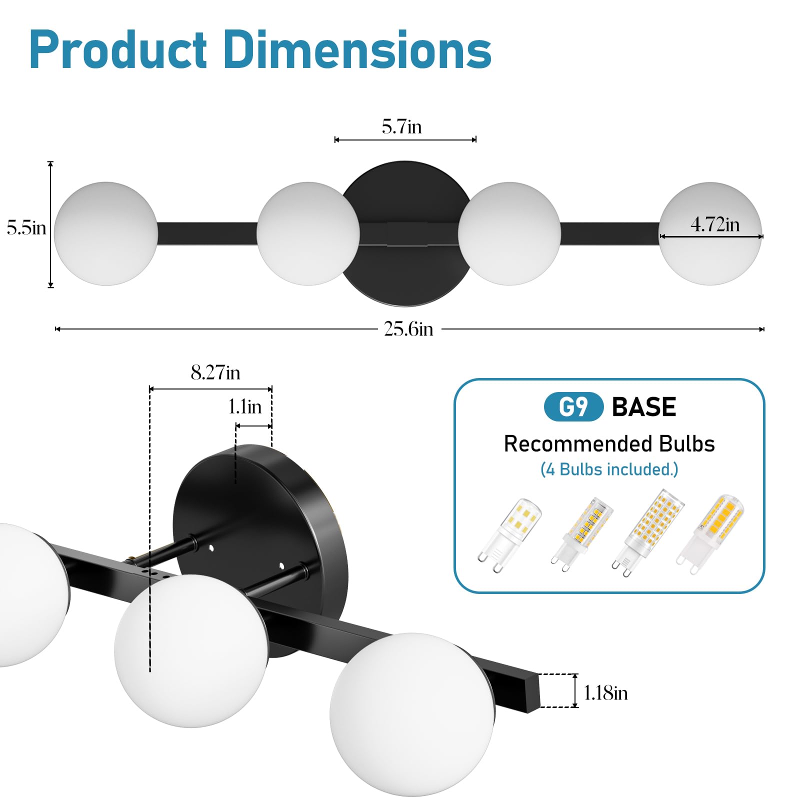 Lightdot 26'' 4-Light Modern Bathroom Vanity Light | Matte Gold Straight Frame With White Globe Water/Shatterproof Shades | Dimm