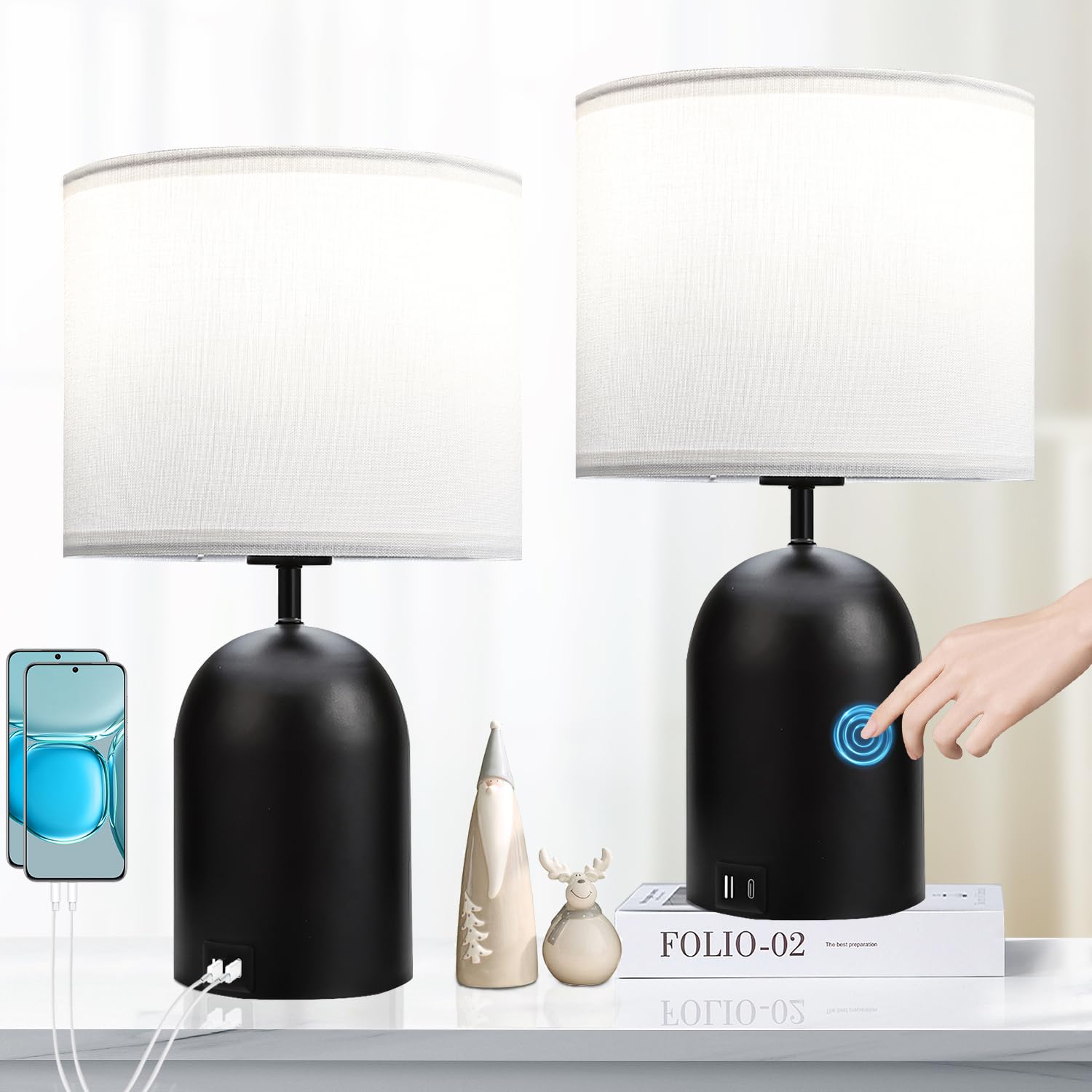 MoMyofdy Bedroom Table Lamps Touch Control Bedside Lamps Set of 2 Dimmable Lamps for Nightstand Small Modern Table Lamp Black& W