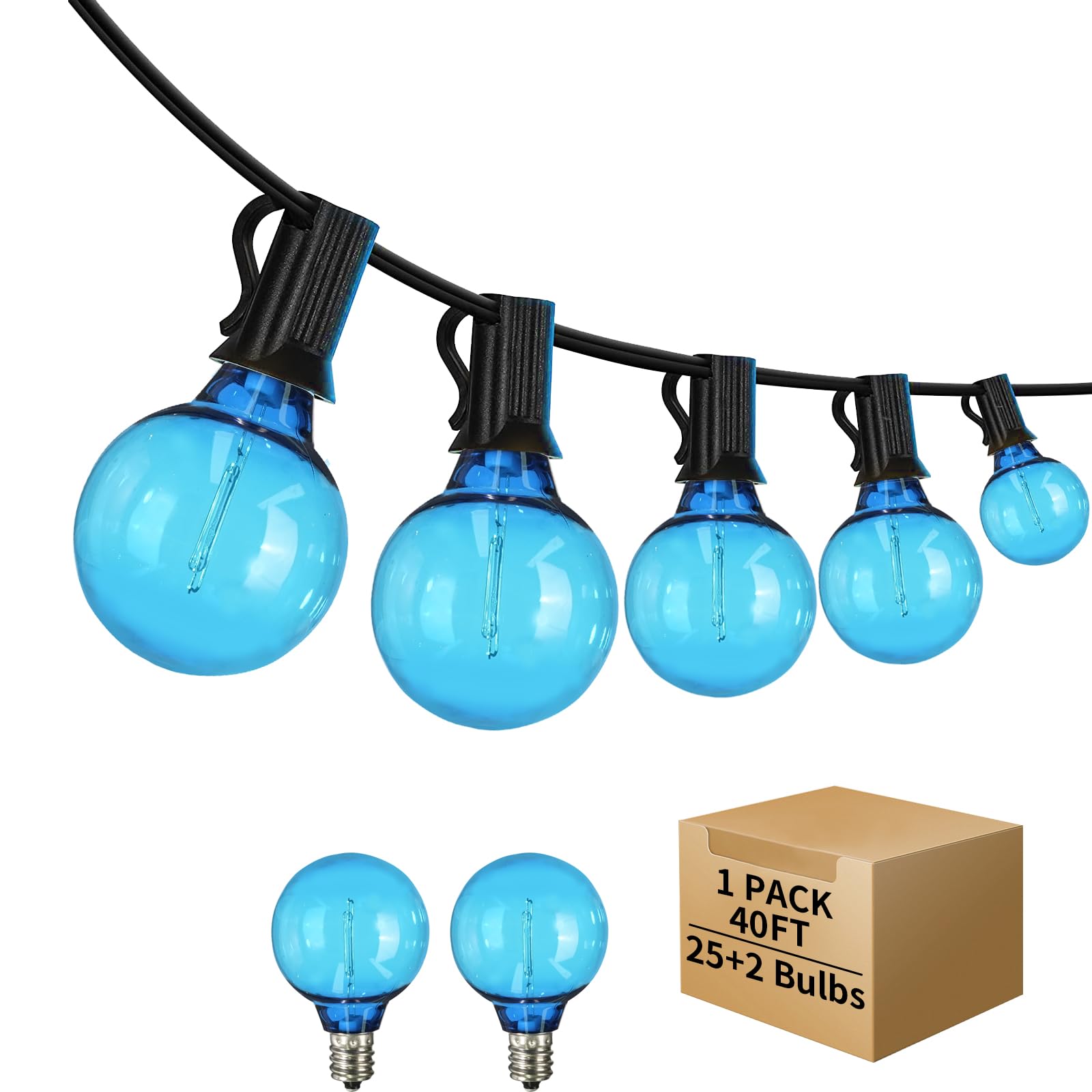 ShineU LED Outdoor String Lights, 40FT Waterproof G40 Globe, 27 Shatterproof Edison Bulbs, Blue, Connectable for Patio, Garden, Bistro