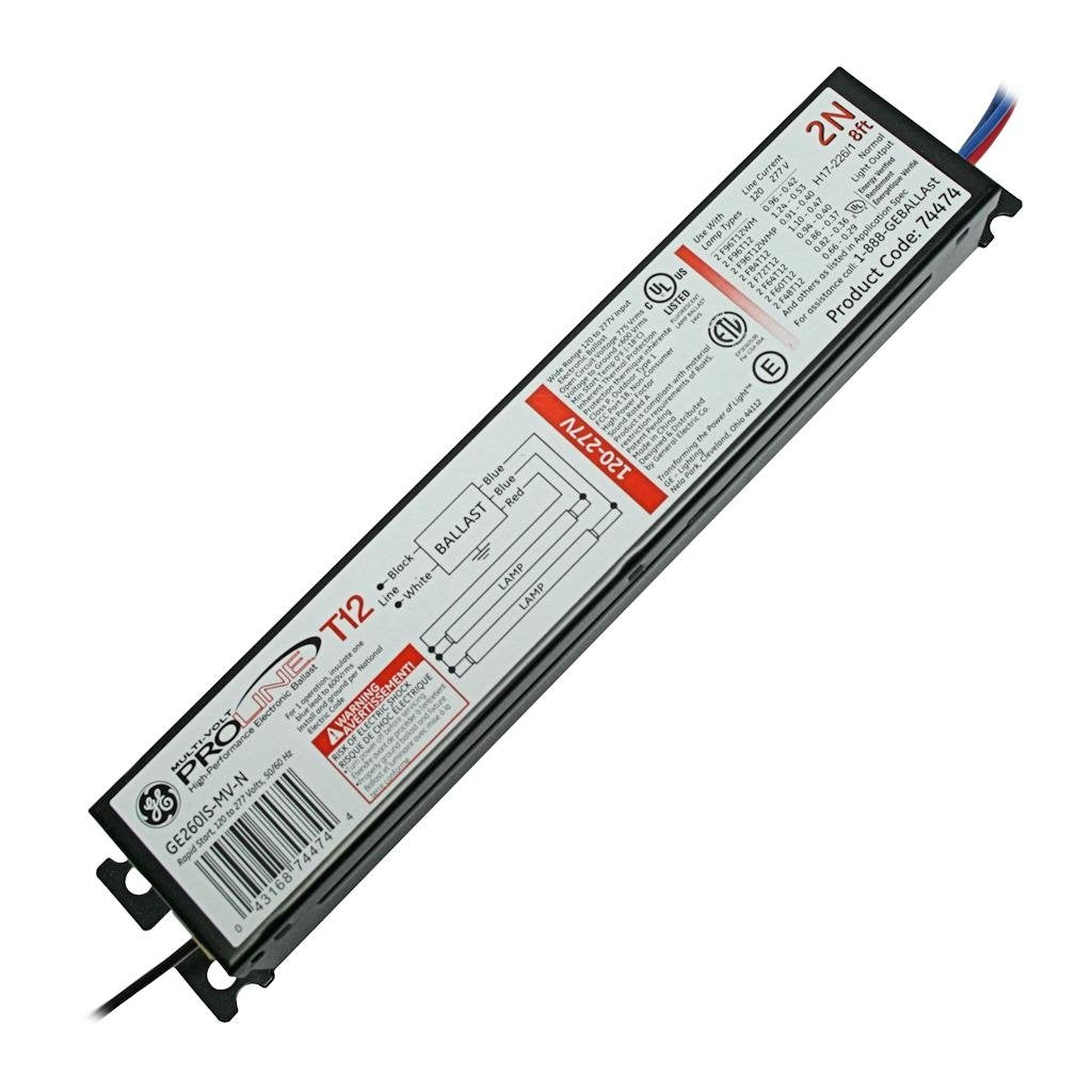 GE UltraMax Proline Electronic Ballast, 120/277V, Instant Start, Normal Ballast Factor, Model 74474, Black, for 1 or 2 Lamp T12