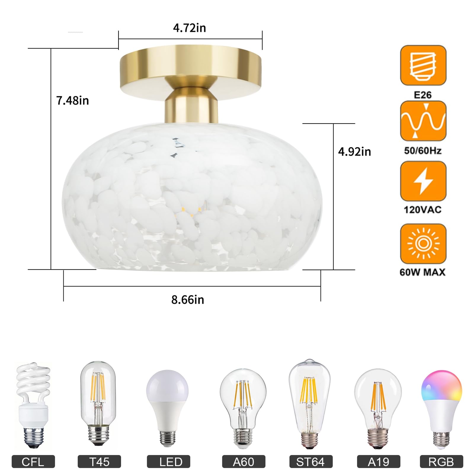 FRIDEKO HOME Semi Flush Mount Ceiling Light - Glass, 8.66 Inch, White Cloud, Model L01122-02-22CM-US