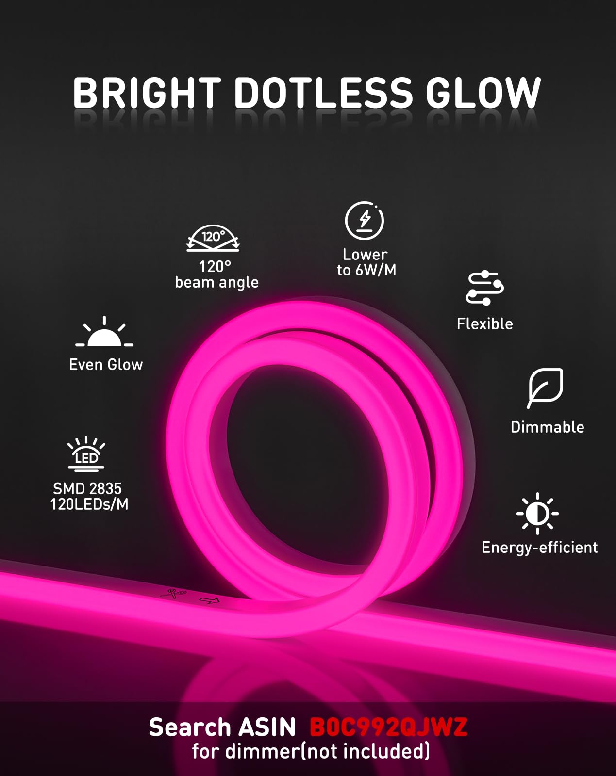 Shine Decor LED Neon Rope Lights, 50FT Pink Flexible AC 110V, Outdoor Waterproof, 120LEDs/M, PVC Material