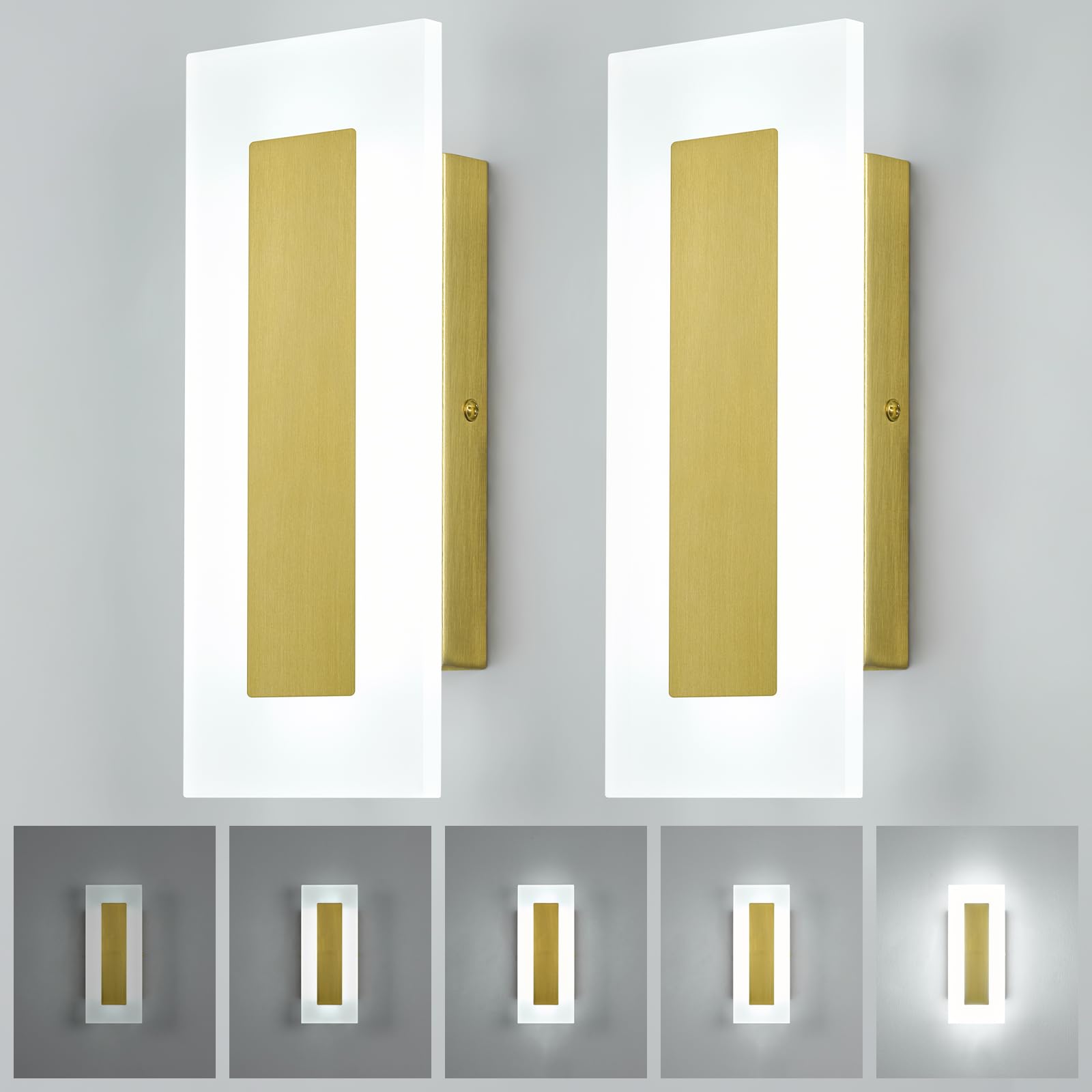 BNHHLZ Modern Acrylic Wall Sconces Set of Two Dimmable 9W 6000K Cool White Gold Lighting for Bedroom Living Room Staircase