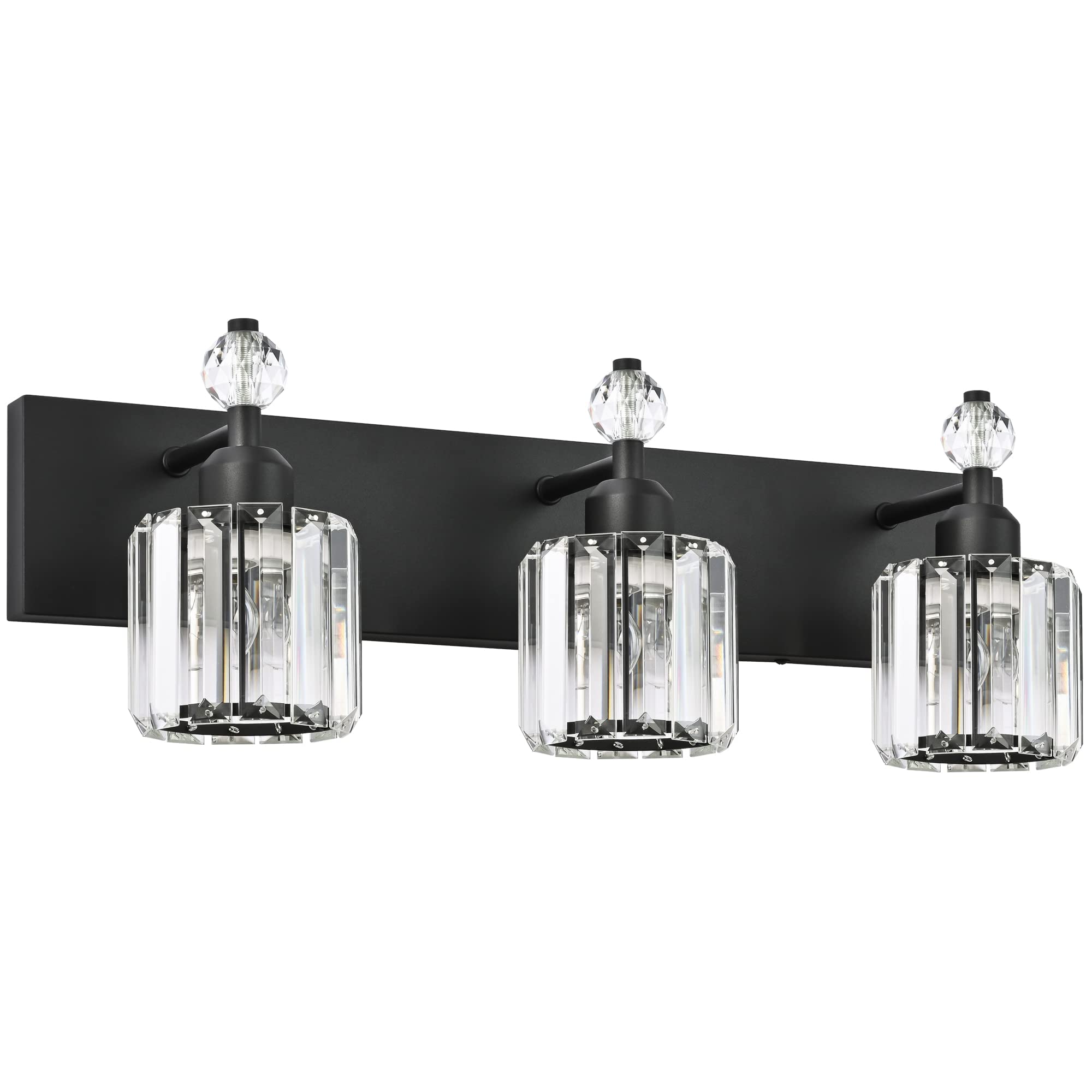 PRESDE Black Crystal 3-Light Vanity Lighting Fixture - Modern Bathroom Wall Light with Matte Black Metal Back Plate