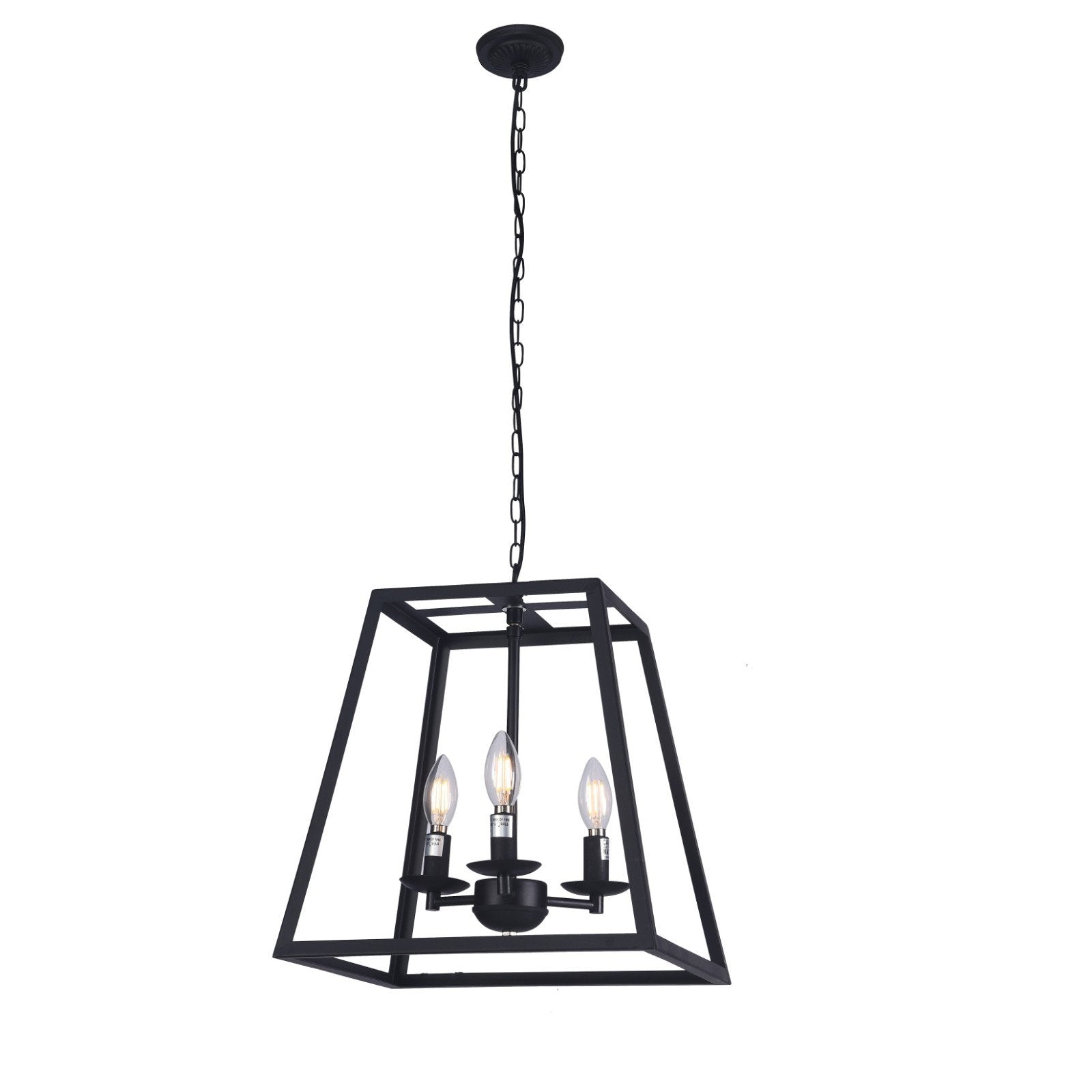Raekor 14" Modern Black Metal Iron Frame Square Cage Chain Hanging Chandelier Ceiling Light 3-Bulbs Lantern Lighting Fixture, Matte Black Finish, Ul Certificated