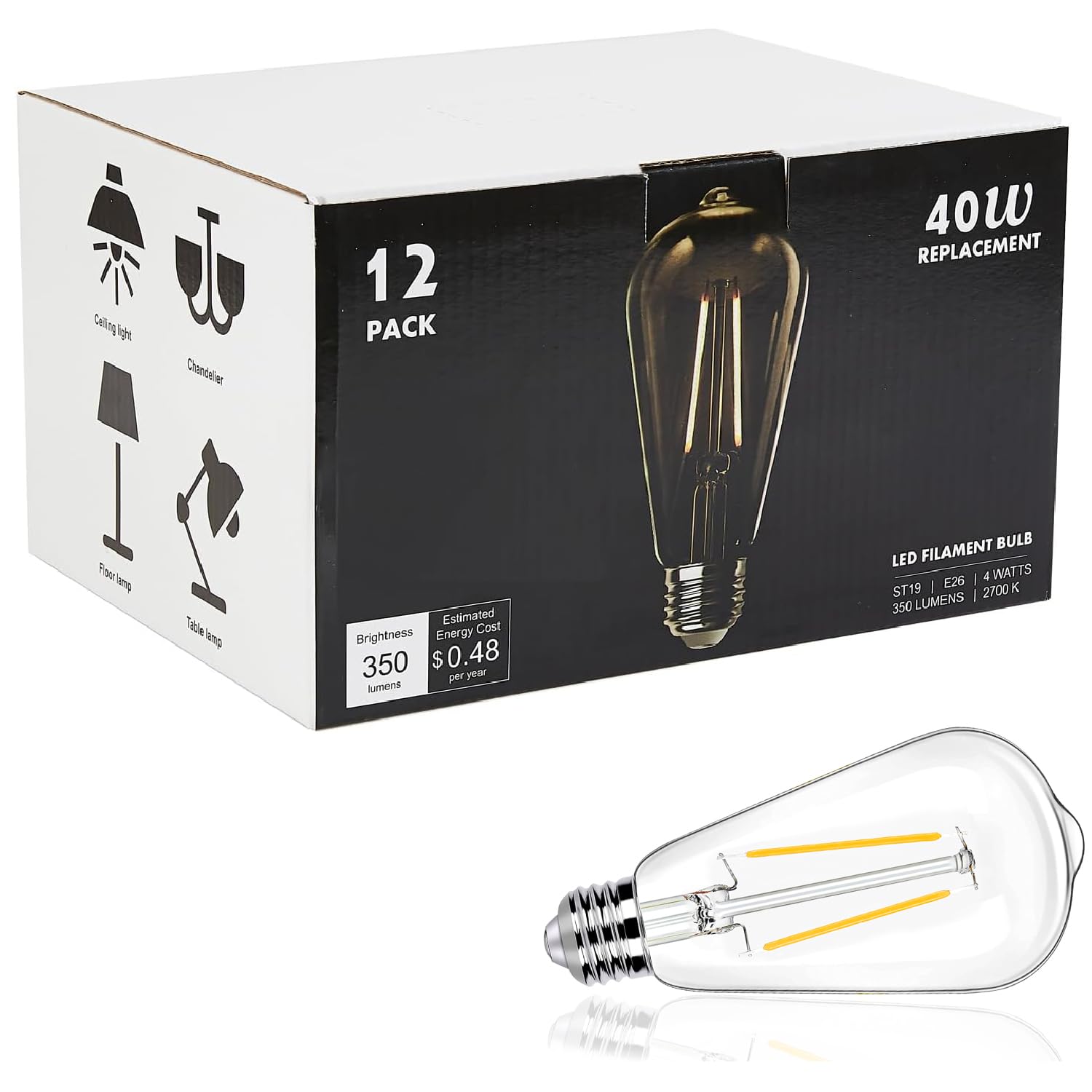 Winsaled 12 Pack Led Edison Bulbs 40 Watts Equivalent, 4 Watt Led Vintage Light Bulb, 2700K Soft White St19 Light Bulb, 350Lm E2