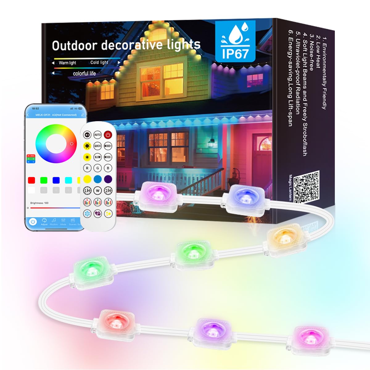 Xinkaite 100Ft Permanent Outdoor Lights, Smart Rgb+Ic Eaves Lights With App/Remote Control, Hundreds Of Dynamic Style Modes And