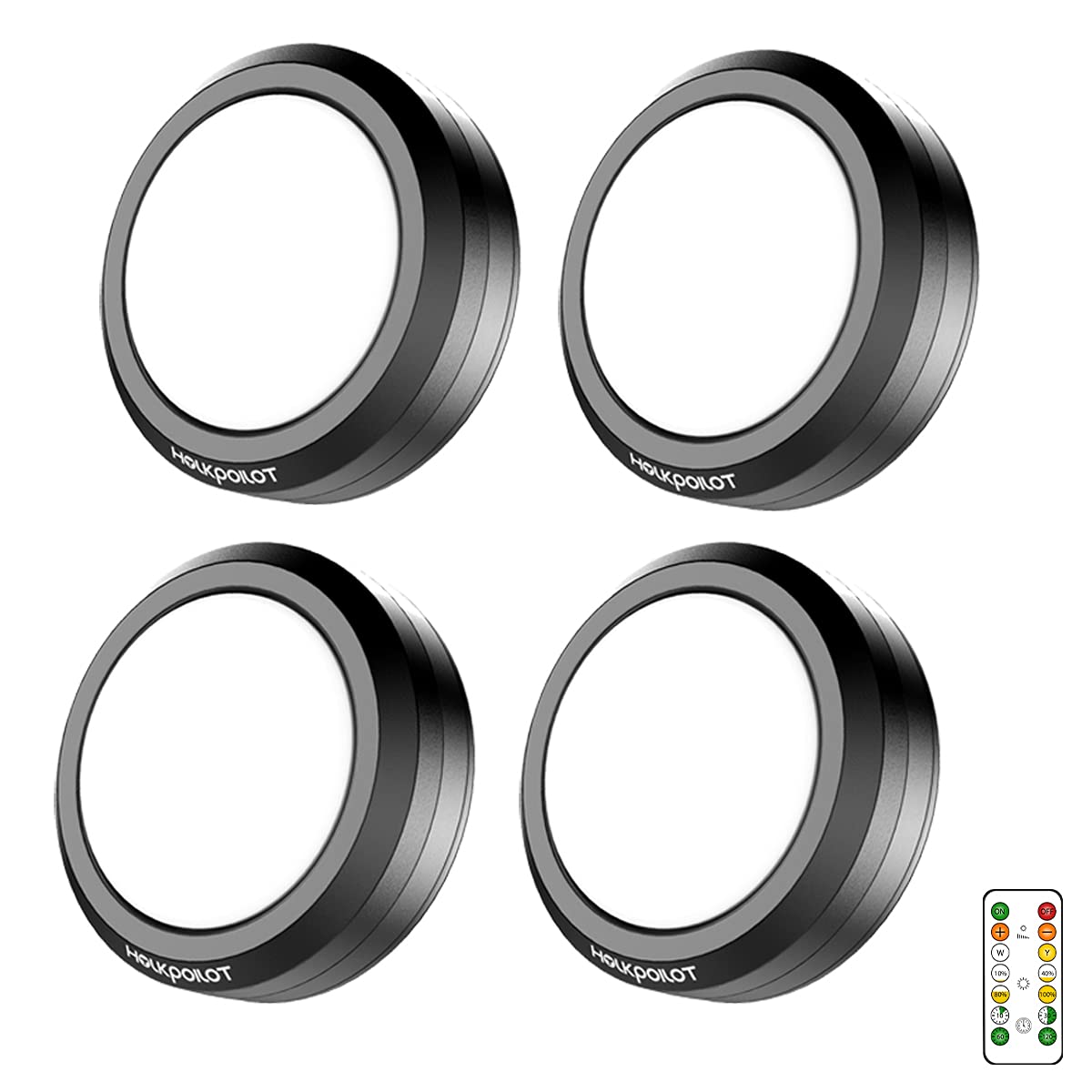 HOLKPOILOT LED Puck Lights with Remote Control, Dimmable, Battery Operated, 4 Pack, Black