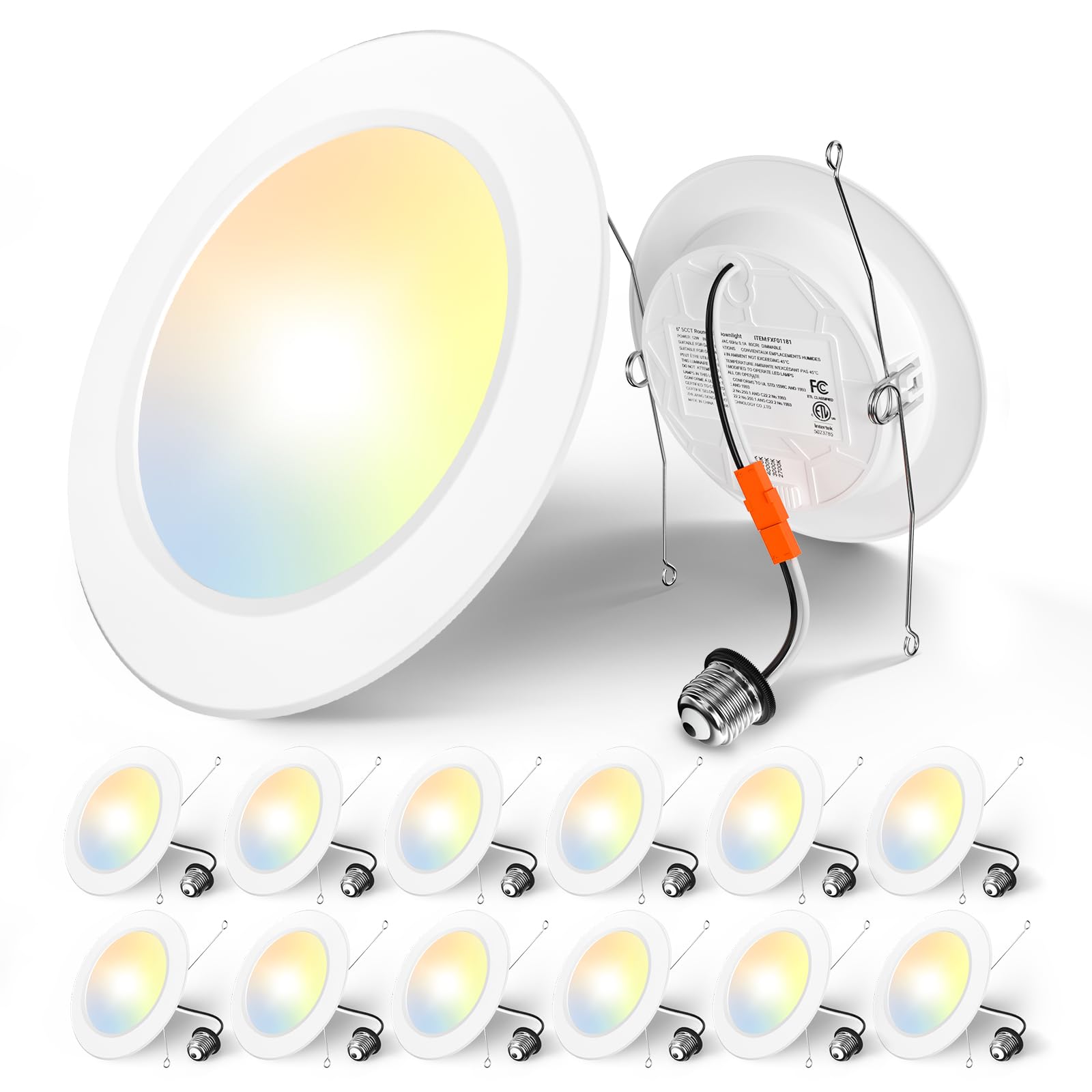 Amico 5/6 Inch Recessed Lighting, 12 Pack, 5CCT LED Can Lights, 1050LM Brightness, White, Model FXF01181