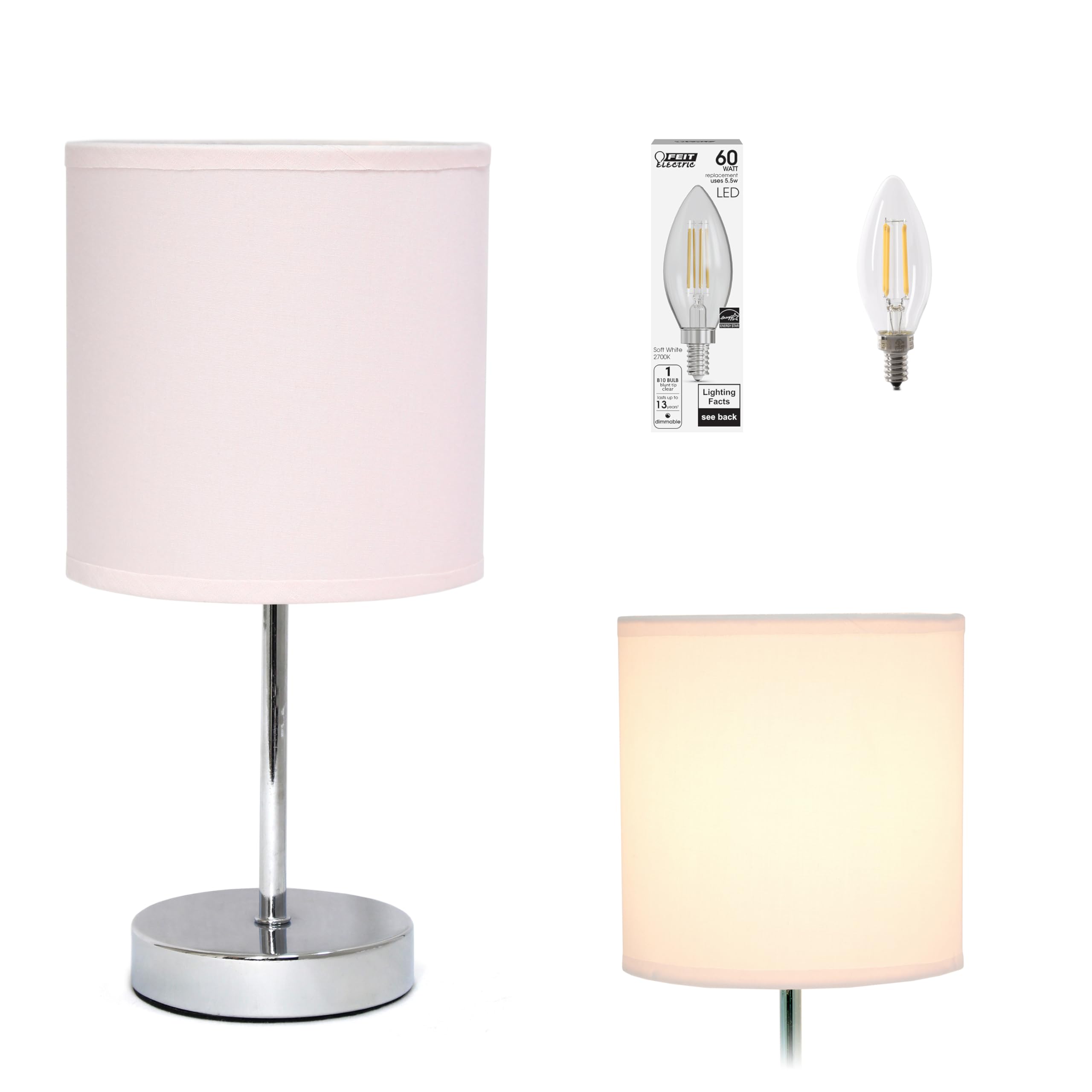Simple Designs Lt2007-Bpk-Lb Basic Chrome Mini Table Lamp For Living Room, Nightstand, Desk, Countertop, Blush Pink, With Feit L