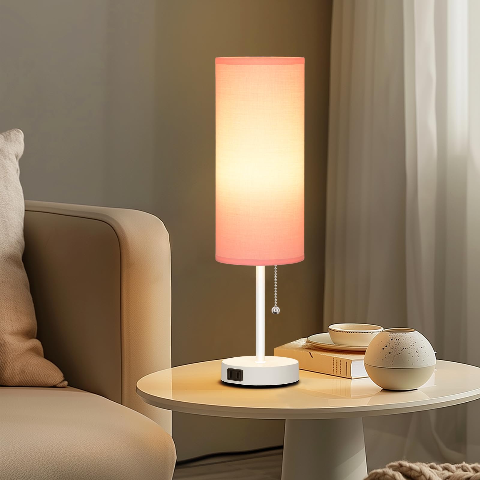 Dott Arts 18in Table Lamp, Pink-White, Plastic, 3-Color, Pull Chain, Model RD-PTL6W-004, Bulb Included for Bedroom or Living Room