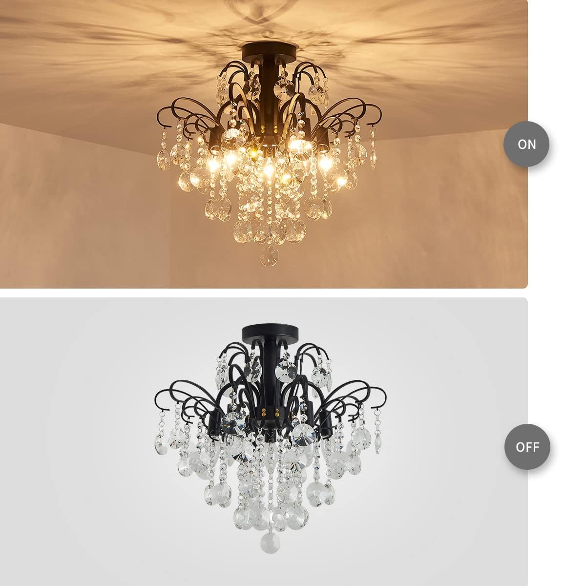 Wuzups Black Crystal Chandelier Flushmount Ceiling Light, 17.5''H X 19.3''W, E12