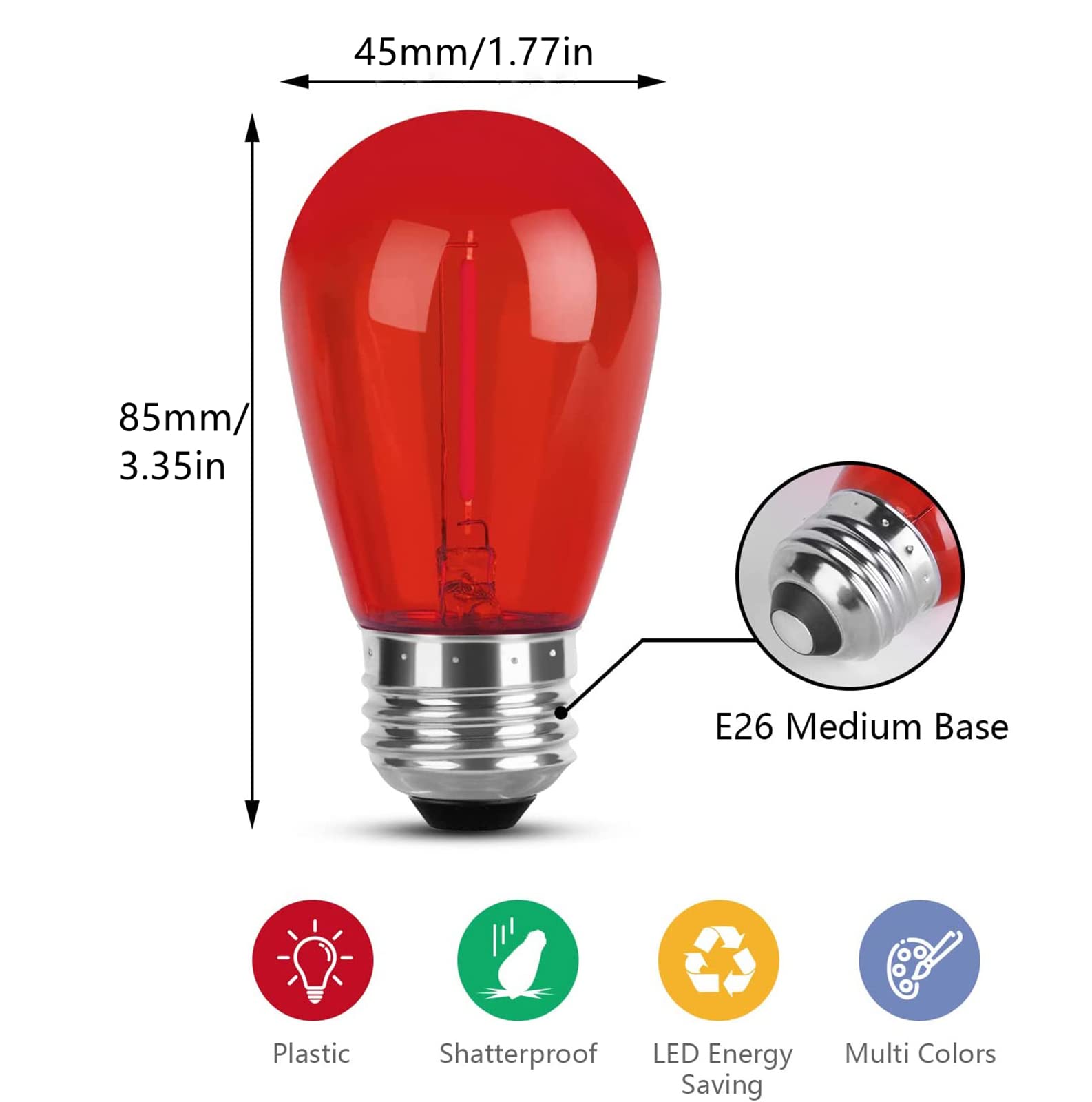 Minsily 15 Pack Red S14 Led Bulbs, Vintage Edison Style, 1W Replacement For String Lights