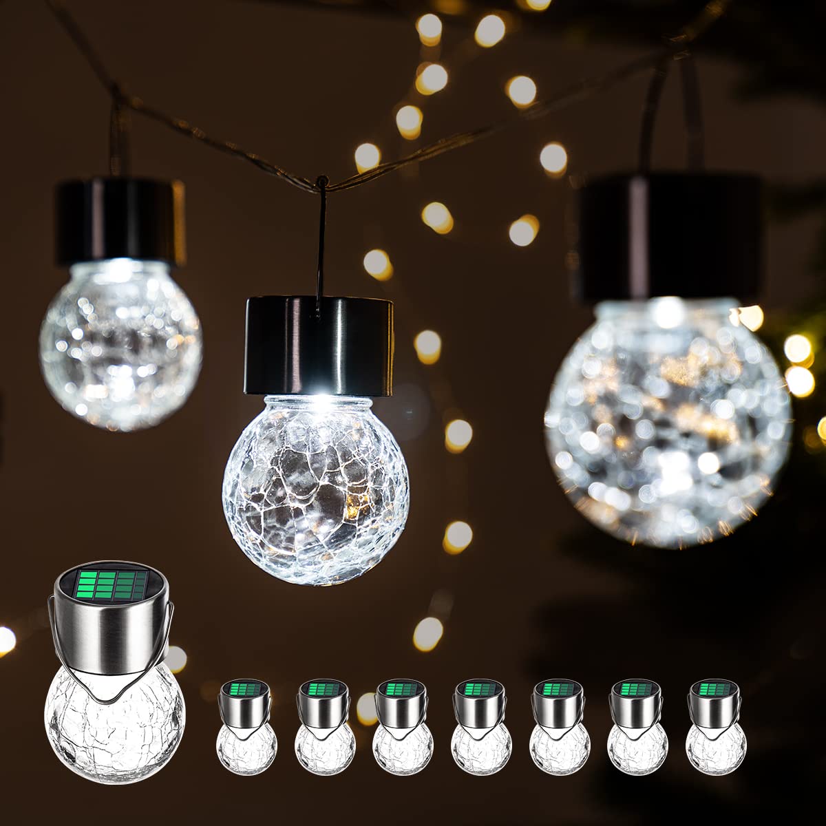 GIGALUMI Solar Hanging Lights, 8 Pack Multi-Color Changing  ed Glass Lanterns, Waterproof for Garden, Yard, Patio, Lawn, Cold White