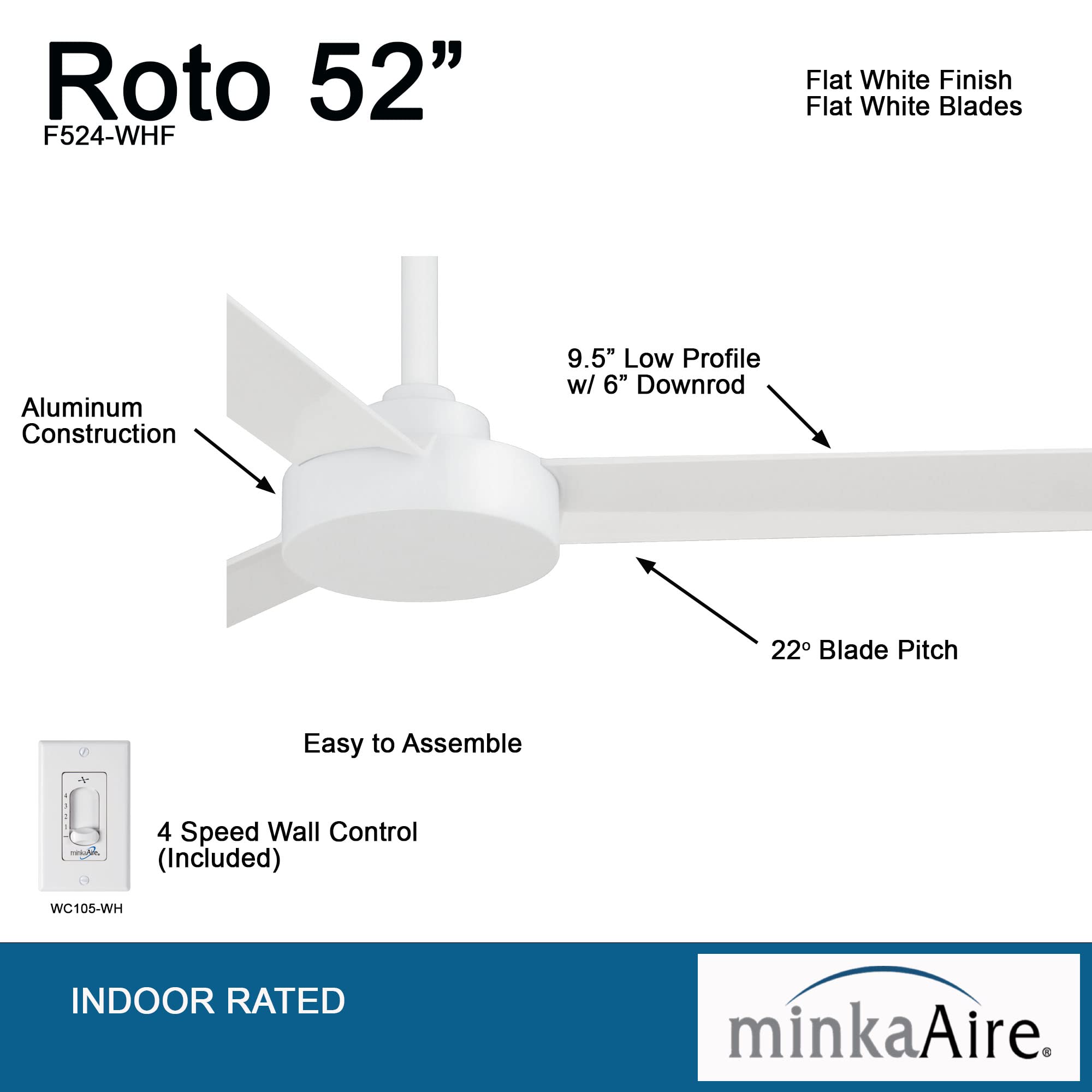 Minka-Aire F524-Whf Roto 52 Inch Ceiling Fan 3 Blades In Flat White Finish