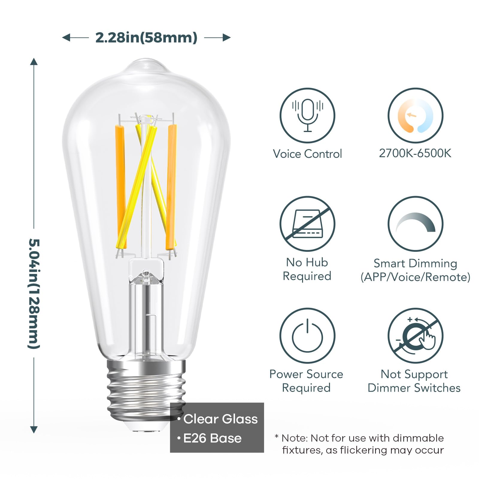 Linkind E26 Smart Edison Bulbs, 2700K-6500K Tunable Wifi Edison Bulbs With Remote Control, 8W 60W Equivalent Dimmable St19 (St58