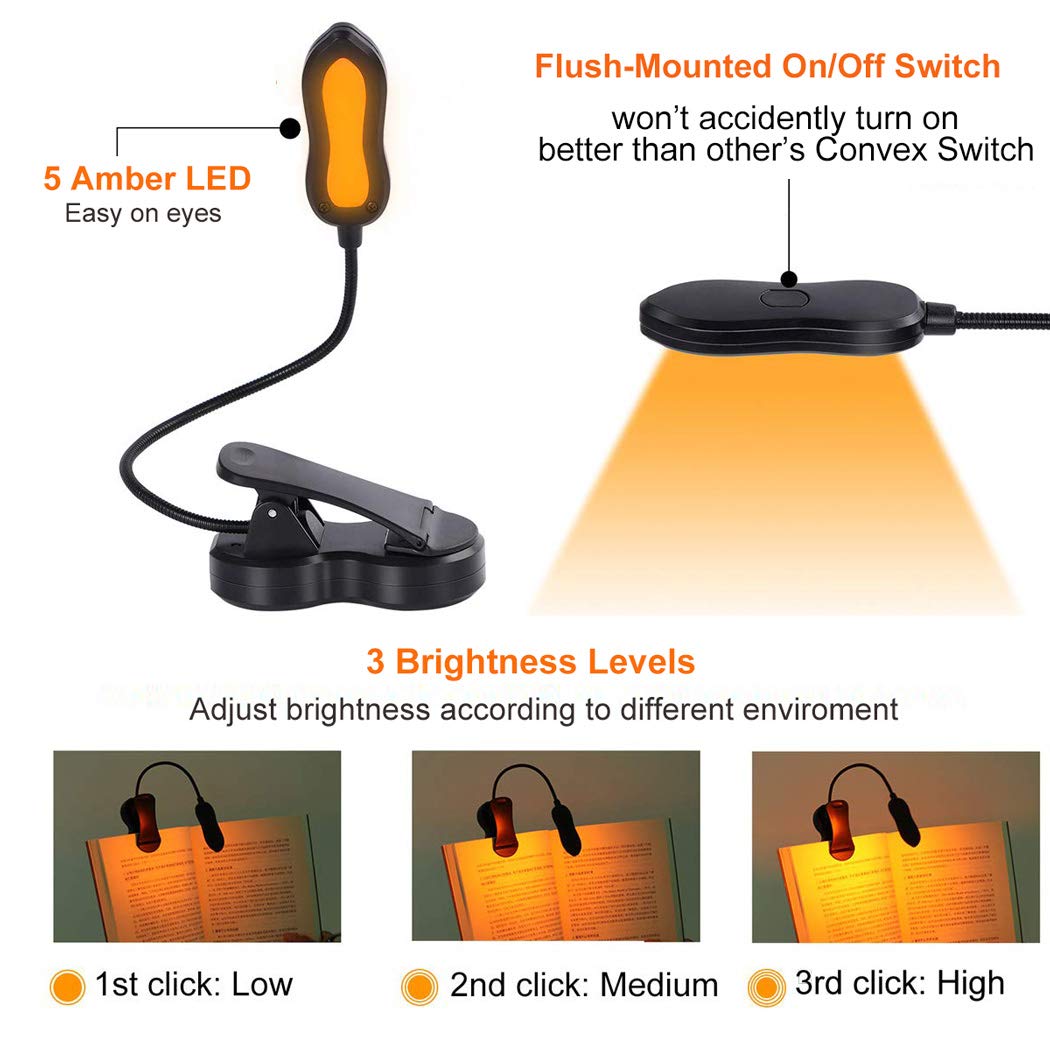 Igoober Amber Book Light, Rechargeable Blue Light Blocking Reading Light, Clip On Book Lamp, 3 Brightness Eye Care Sleep Aid Lights, For Kids, Bookworms And Kindle