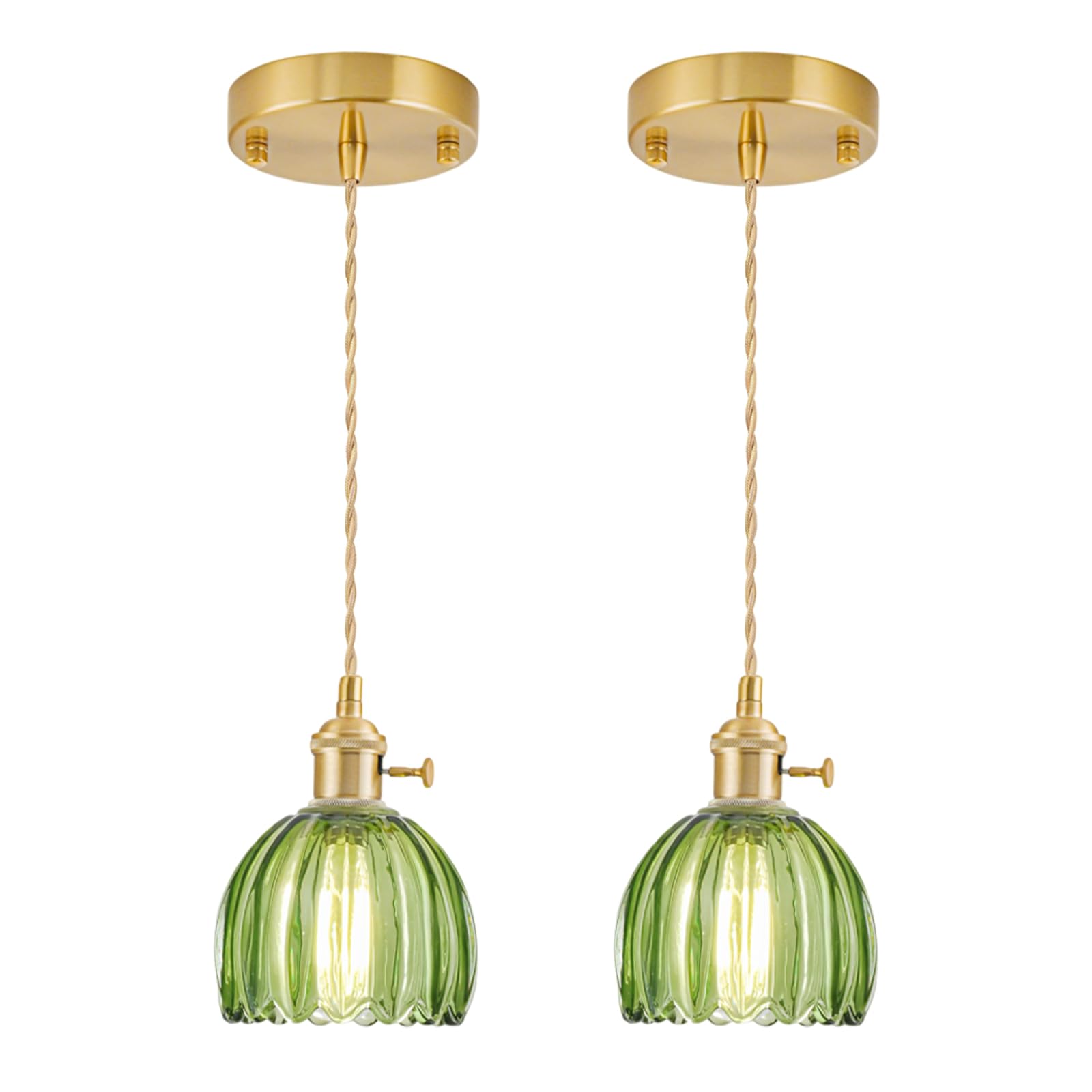 GMTB Mini Pendant Lights Kitchen Island 2 Pack  Small Adjustable Pendant Light Fixture with Green Tulip Glass Lampshade  Vintage Gold Pendant Lighting  Pendant Light for Bedroom Dining Room Hallway