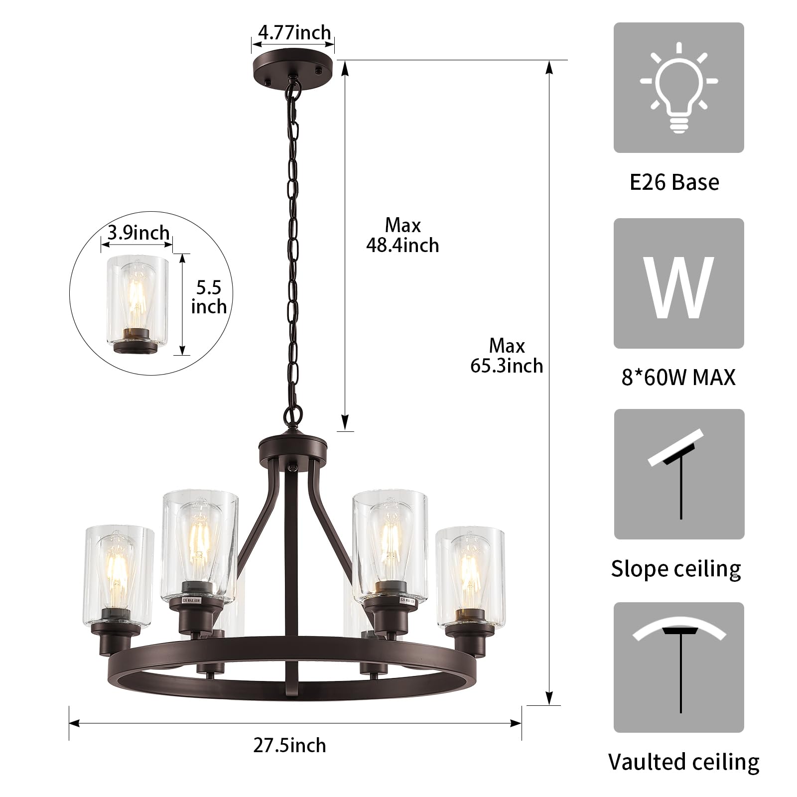Lanhall 6-Light Farmhouse Chandelier, Oil Rubbed Bronze Metal Pendant Light, Adjustable Height with Glass Globes, Model 1065