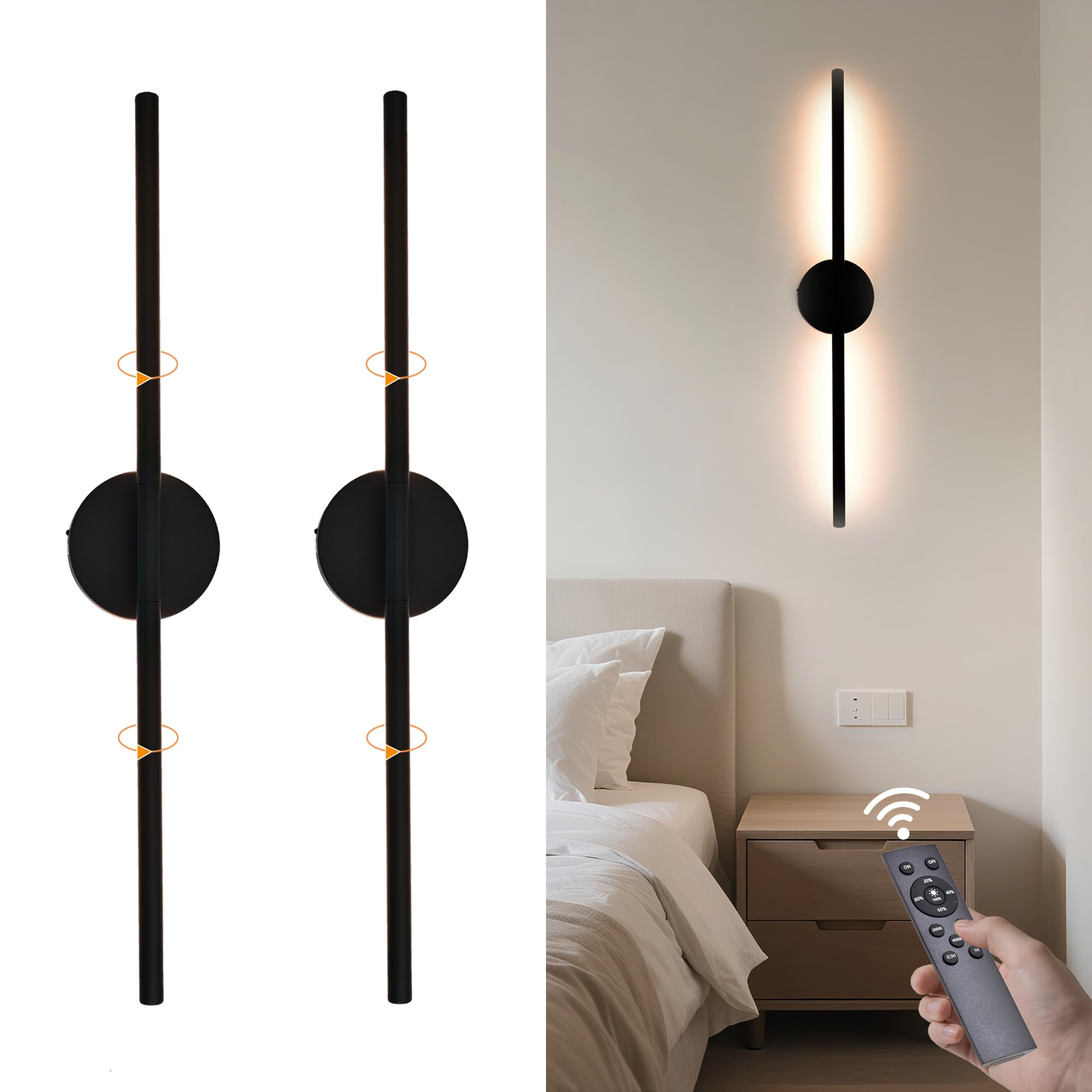 HCJIAJING Wireless Wall Sconces Set of 2 Linear,20Inch Battery Operated Wall Lights with Remote Control,360Rotate Dimmable Wall