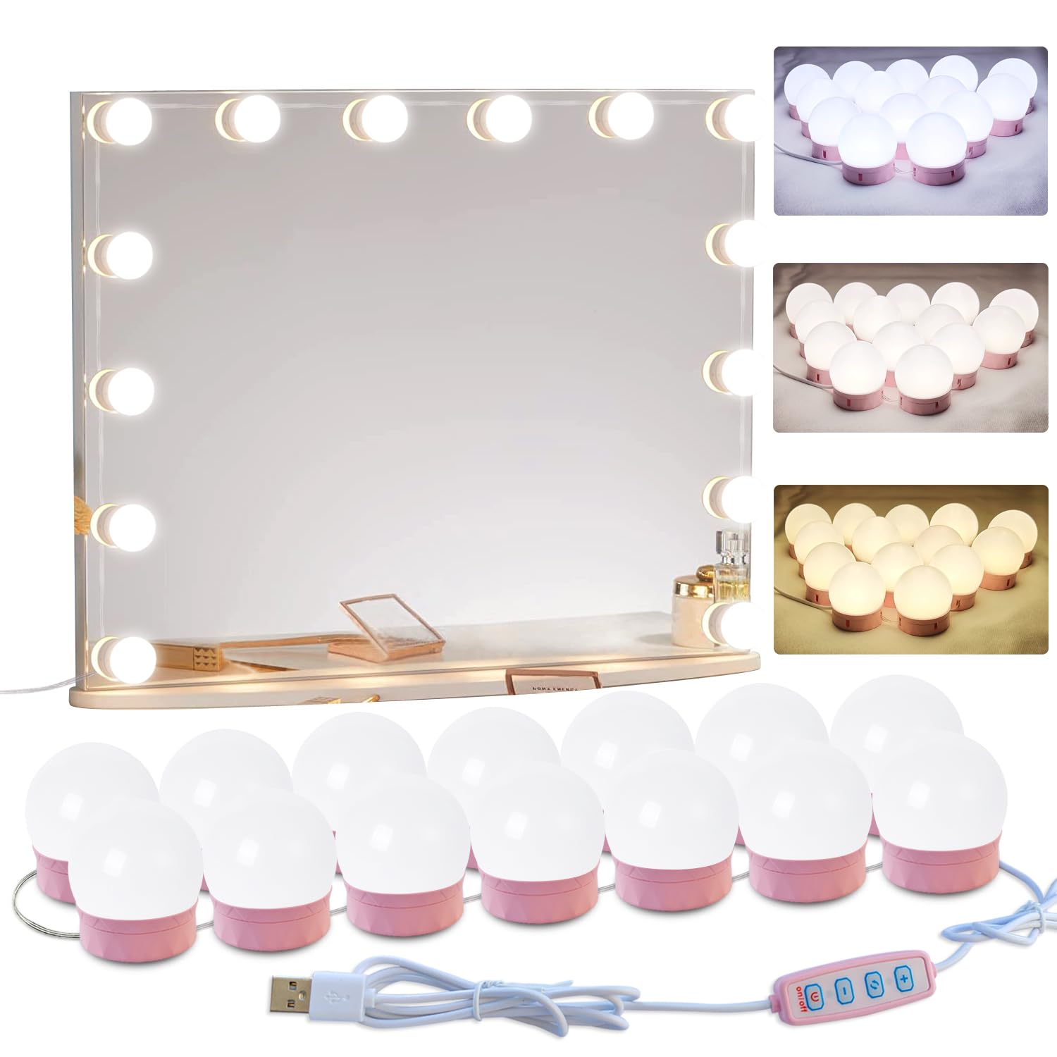 HELOIE 22.6ft LED Vanity Mirror Lights, 14 Dimmable Bulbs, Pink, Model vl-14p