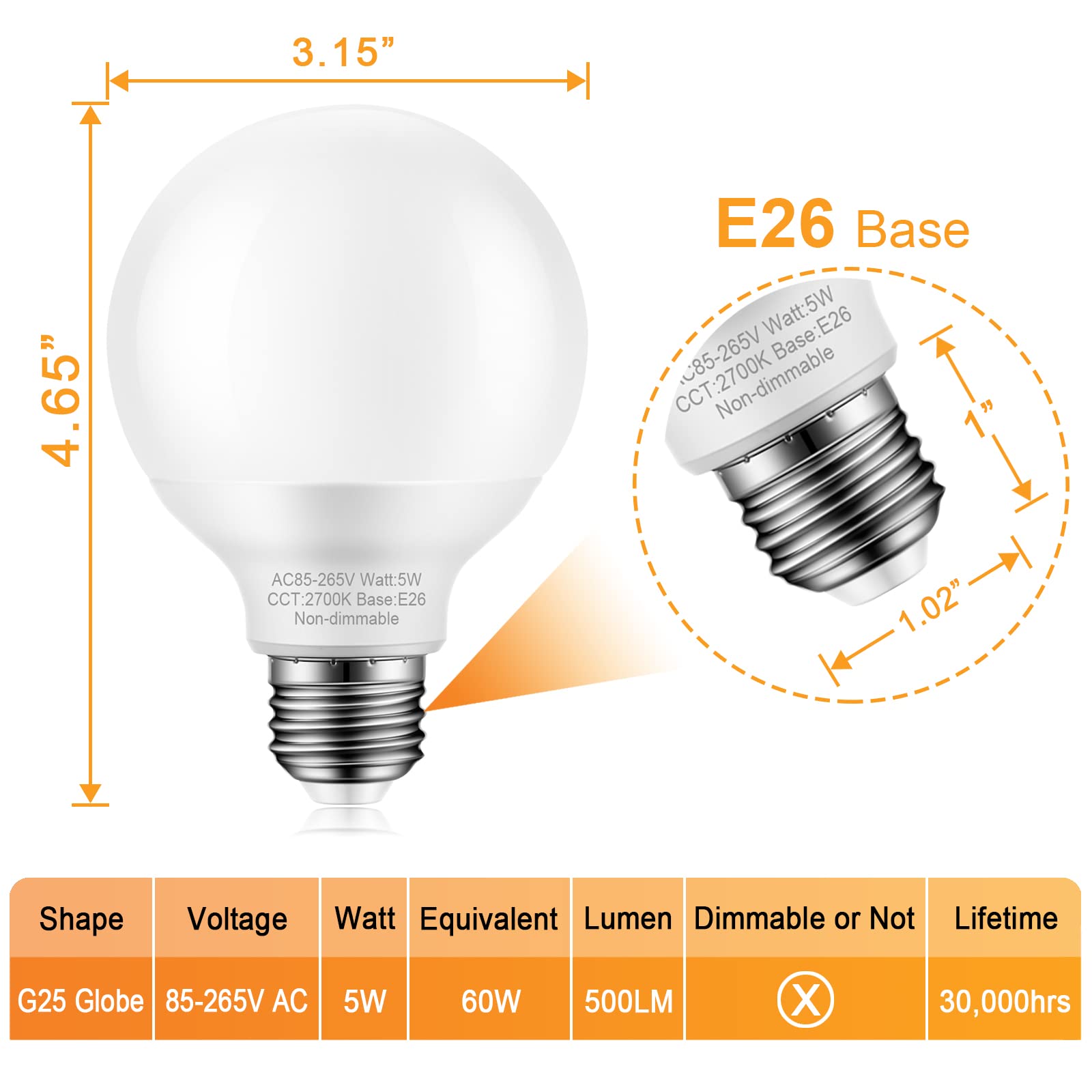 Marxlait 8 Pack Warm White Bathroom Light Bulbs, 60 Watt Equivalent, E26 Medium Base, G25 Led Globe Light Bulbs For Bathroom Van