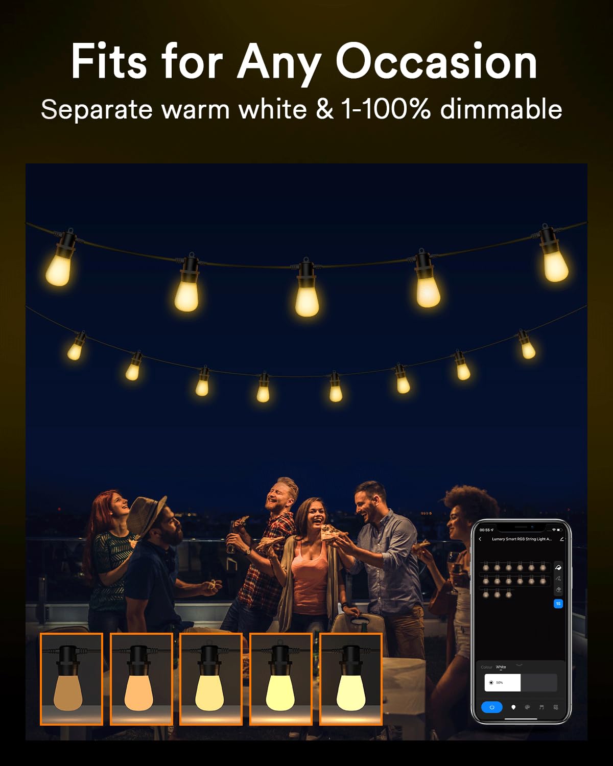 Lumary Smart Outdoor String Lights, 100FT with Remote, RGBAi Color Changing, IP65 Waterproof, Model US-SL100B-1