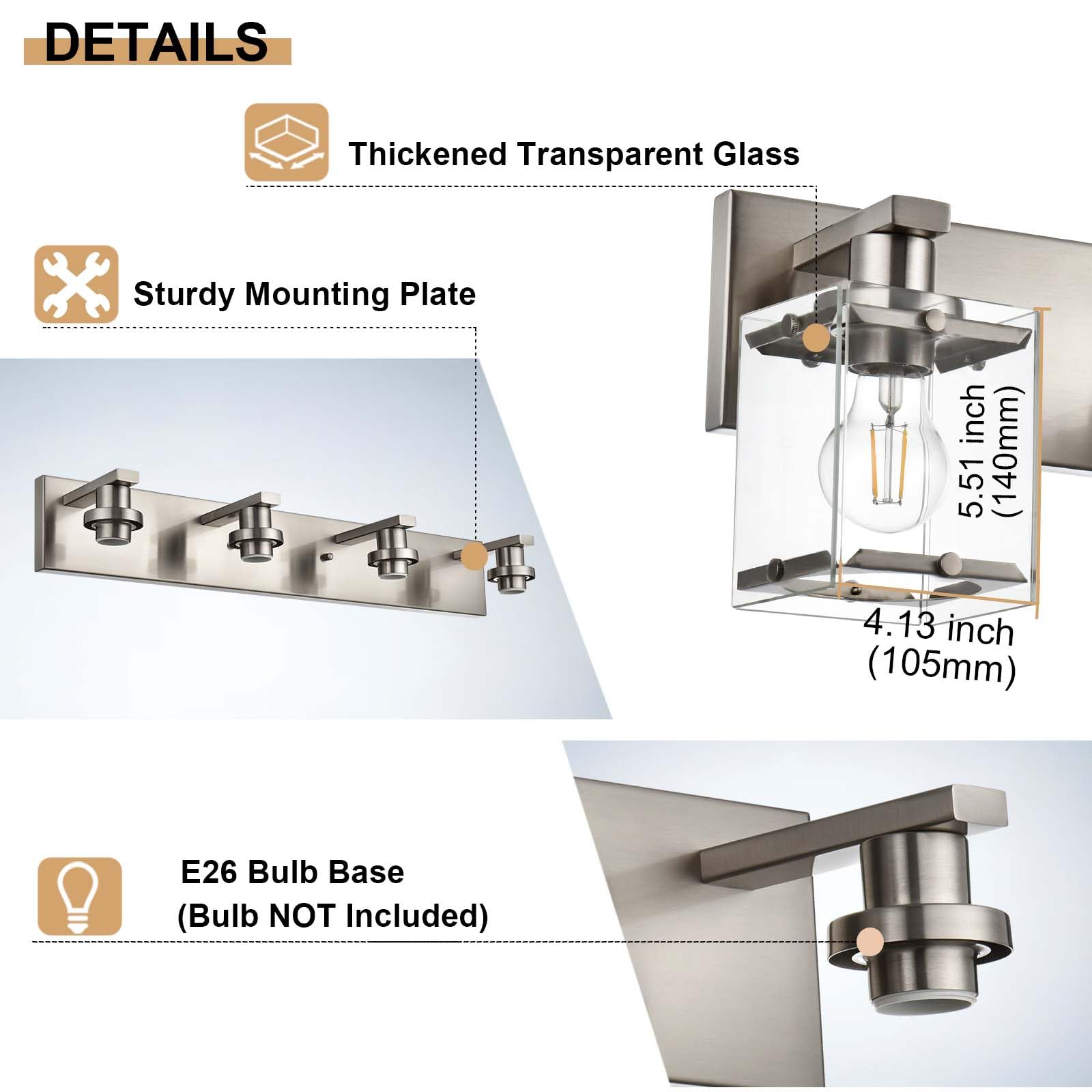 Winshen 3-Lights Bathroom Wall Light Fixtures E26 Bulb Base  Brushed Nickel Vanity Lighting Fixtures Over Mirror With Clear Glass Shades For Living Room Hallway Kitchen