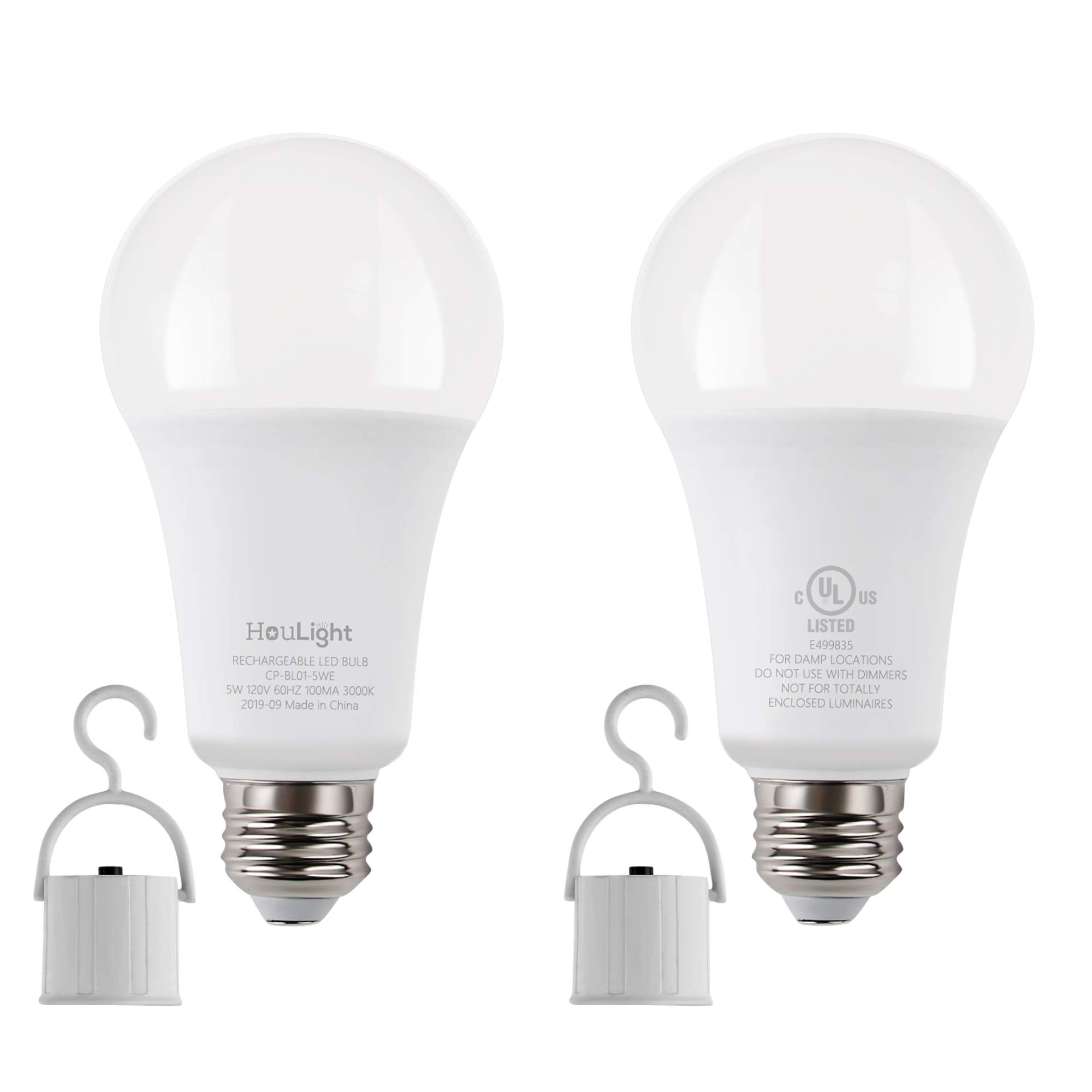 HouLight Rechargeable Emergency LED Light Bulbs, 5W, 5000K Daylight White, 4 Piece Set, UL Certified