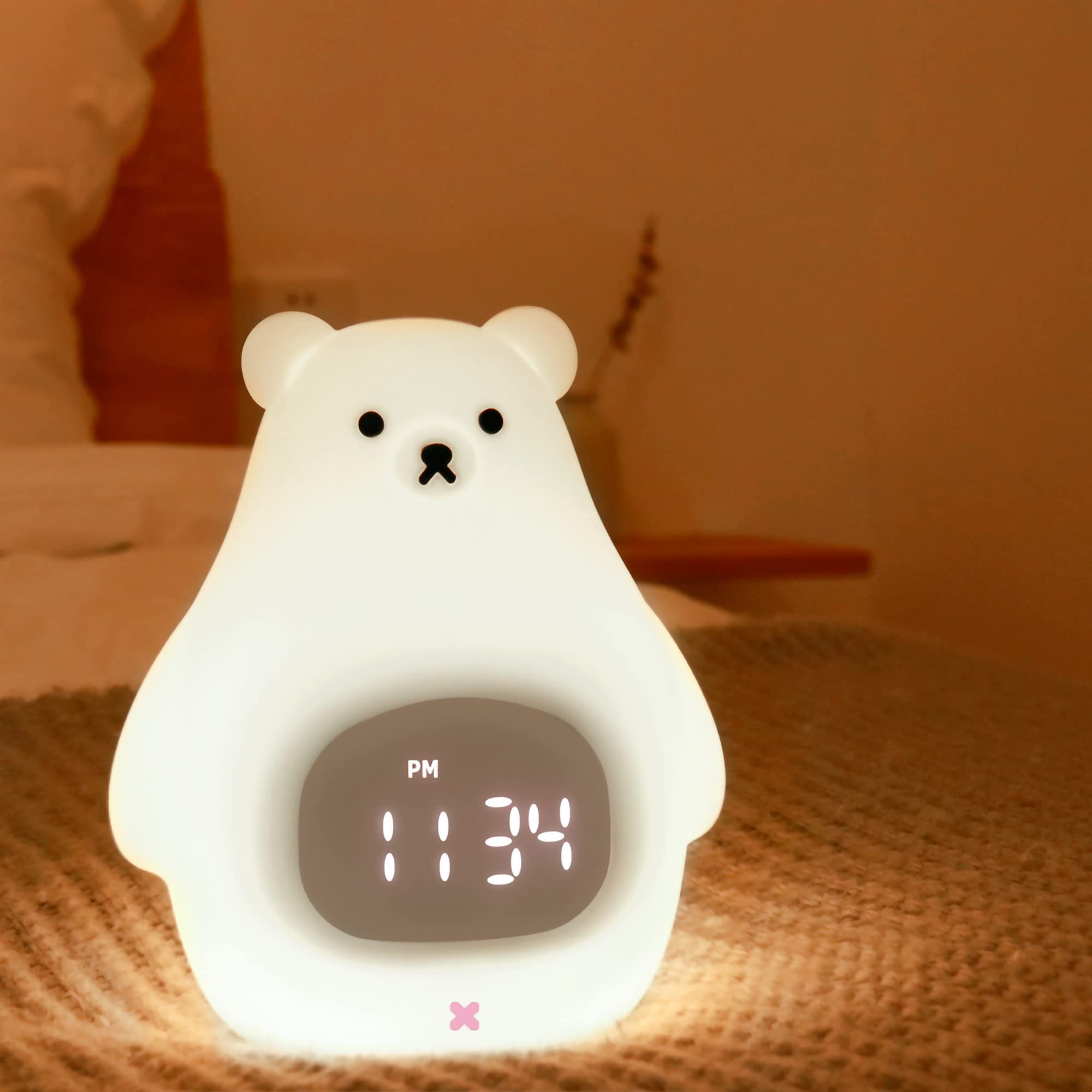 JROSING Bear Night Light, Cute Kids Alarm Clock, Soft BPA-Free Silicone Portable Nursery Lamp, Children USB Rechargeable Nightli