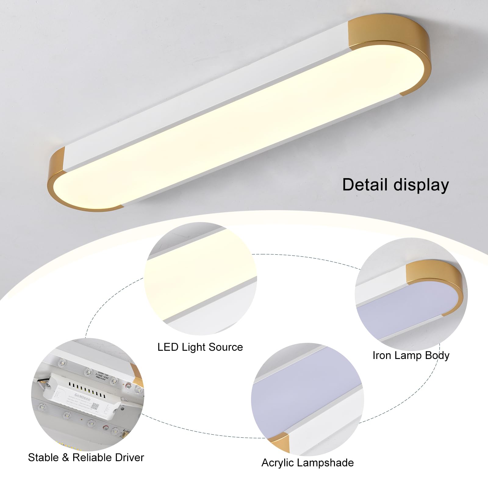 Tioolo Dimmable Led Ceiling Light With Remote 42W Kitchen Lighting Fixtures Ceiling White And Gold Long Ceiling Light Fixture 27.5 Inch Flush Mount Ceiling Lights For Kitchen Dining Room Hallway