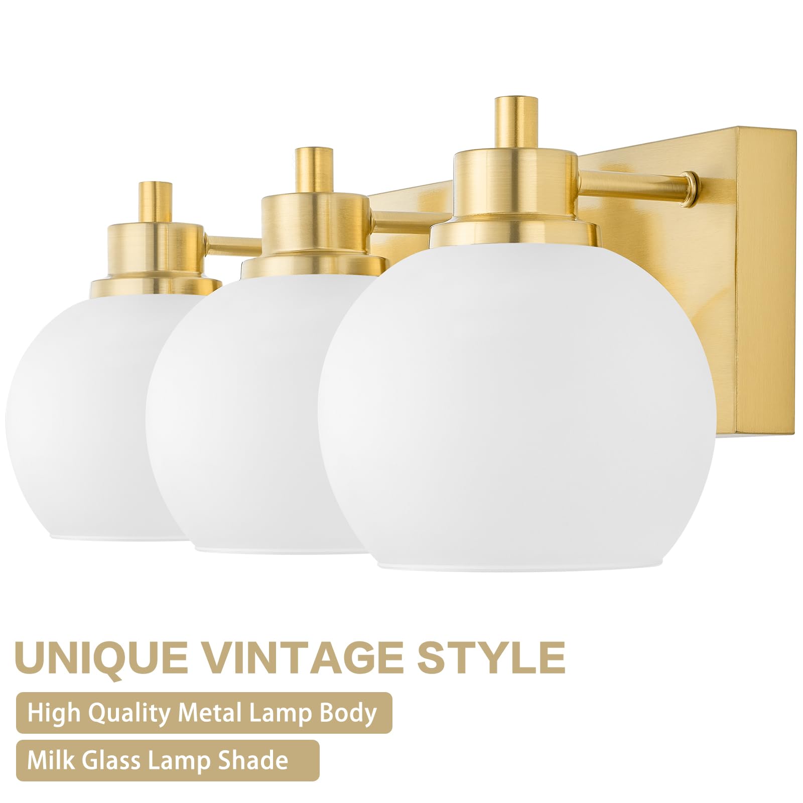 Tuscarora Gold Bathroom Light, 3-Light Brushed Gold Vanity Fixture with Milk Glass Shade, Model VL047