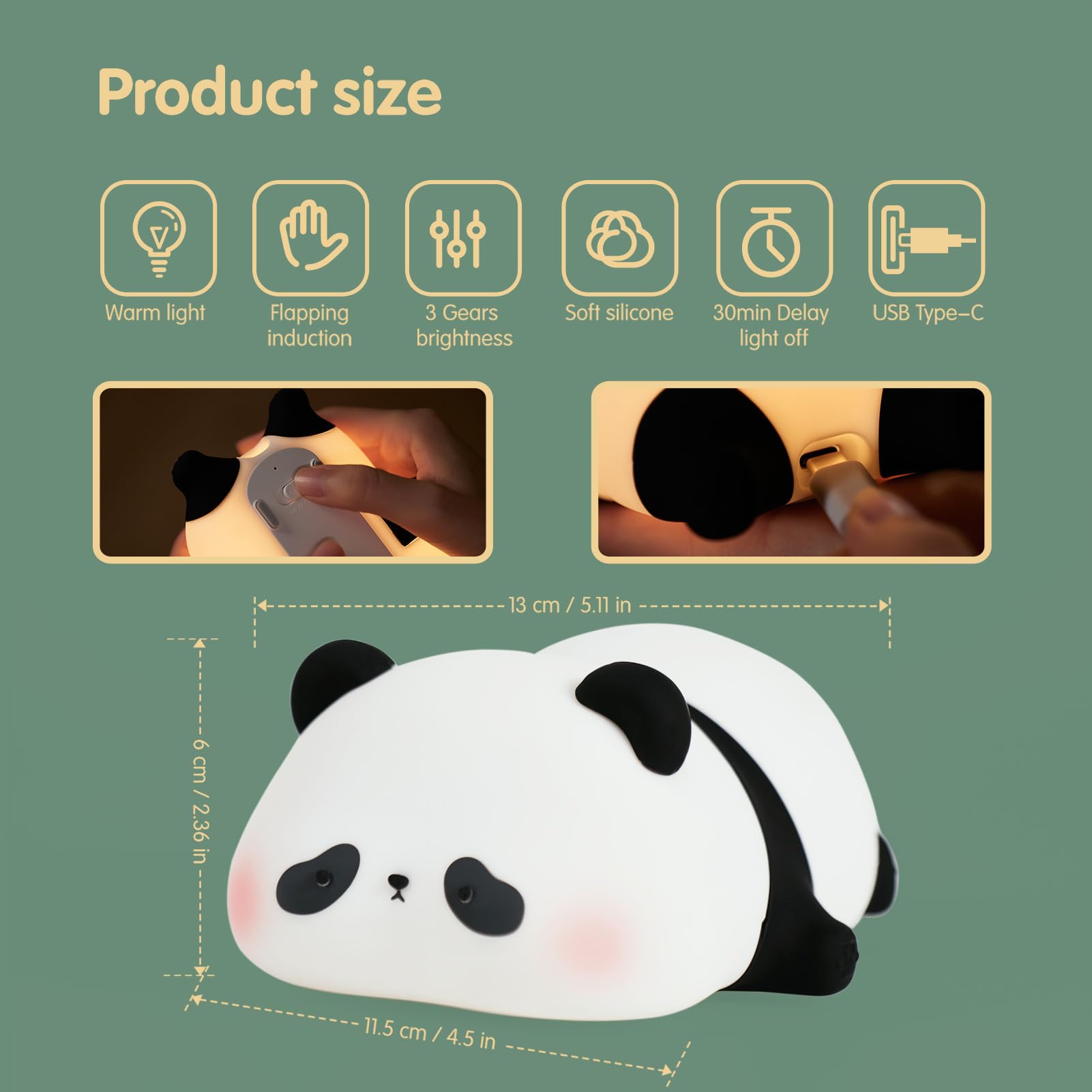 VTIGER Panda Night Light LED Lamp, Dimmable, Rechargeable, 5.15x4.45x2.36 inches, Silicone, Cute Design for Kids Bedroom